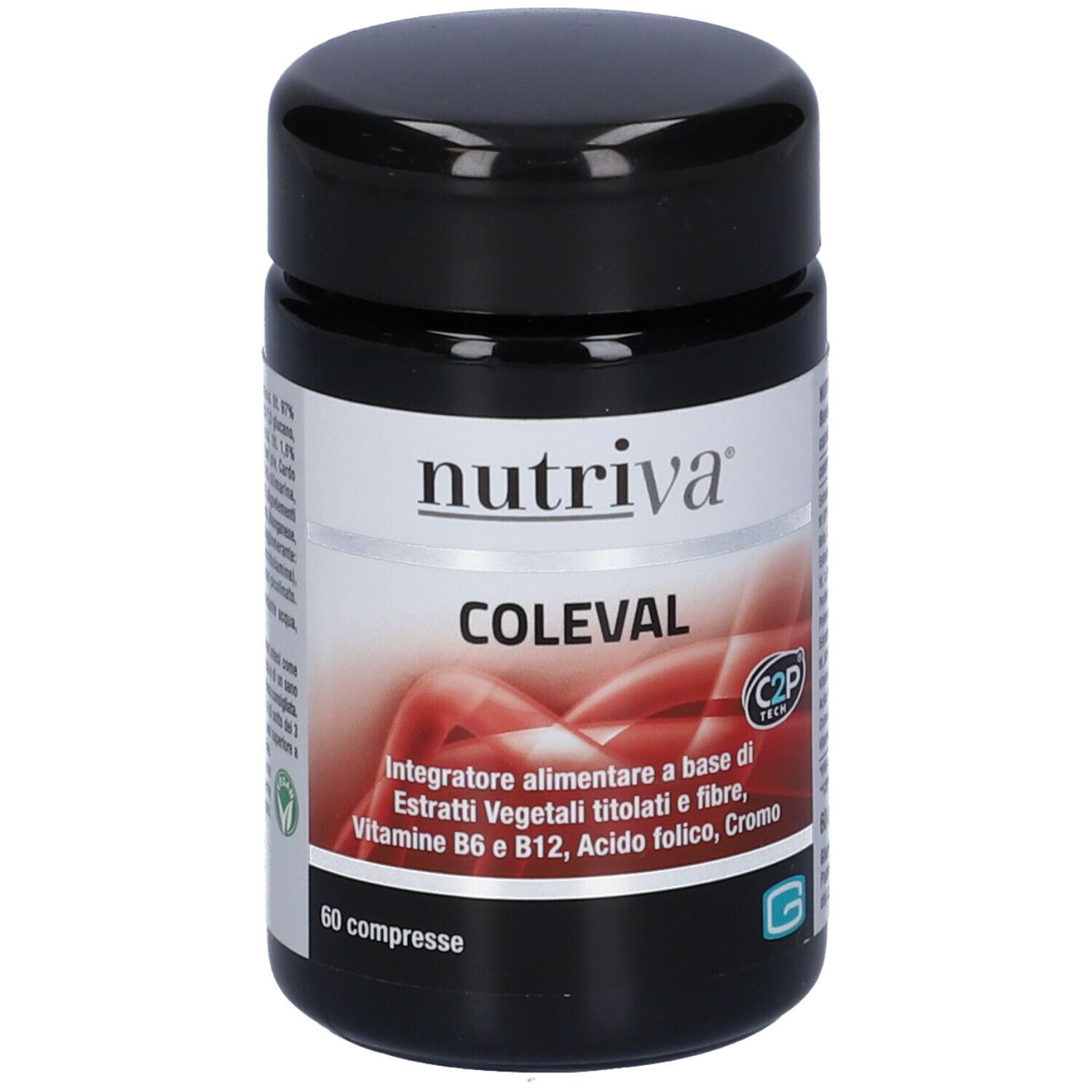 Flacone Nutriva Coleval. Coperchio nero, etichetta bianca con informazioni prodotto. 60 compresse.