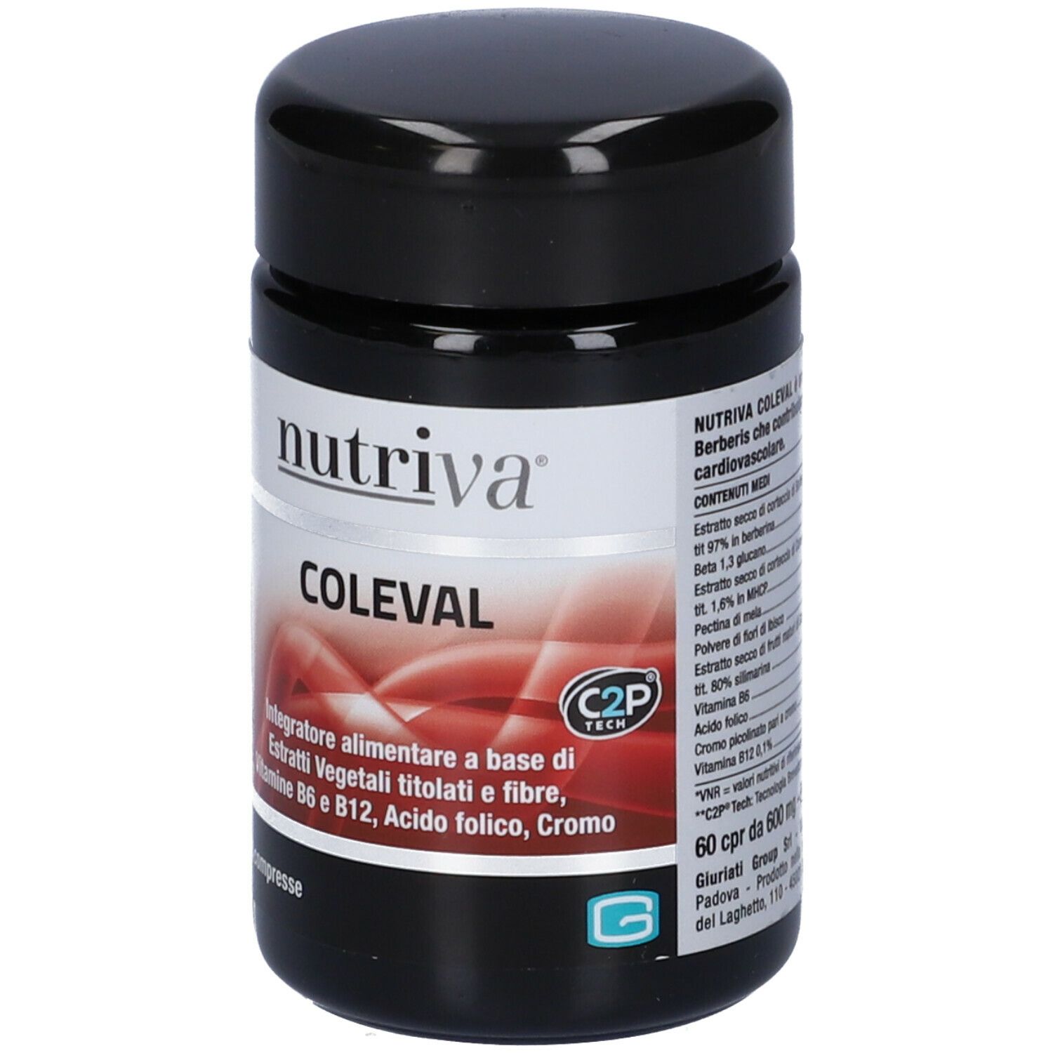 Flacone Nutriva Coleval. Coperchio nero, etichetta bianca con informazioni prodotto. 60 compresse.