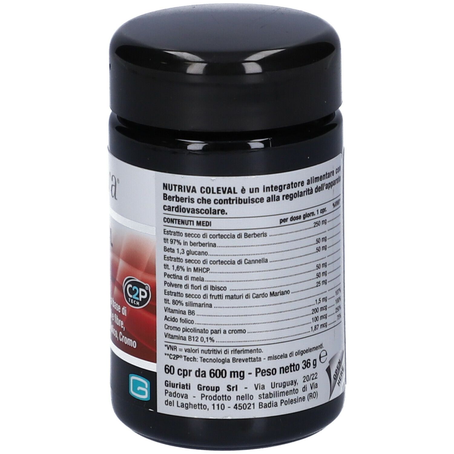 Retro del flacone Nutriva Coleval. Ingredienti, informazioni nutrizionali e informazioni produttore.