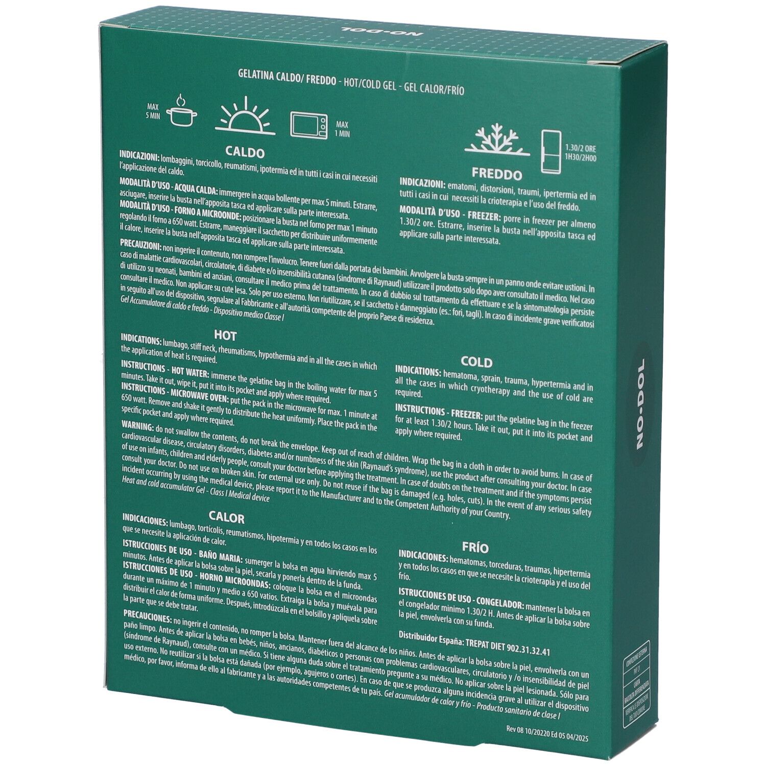Rückseite der ESI NO-DOL Gel Termico Caldo Freddo Verpackung mit Anwendungshinweisen.