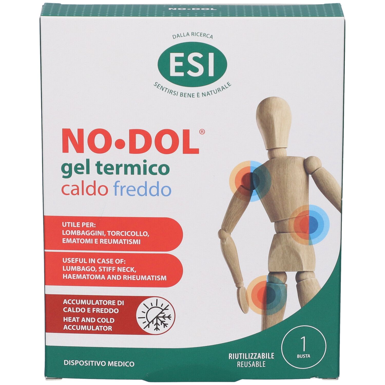 ESI NO-DOL Gel Termico Caldo Freddo Verpackung mit Holzfigur und Schmerzpunkten.