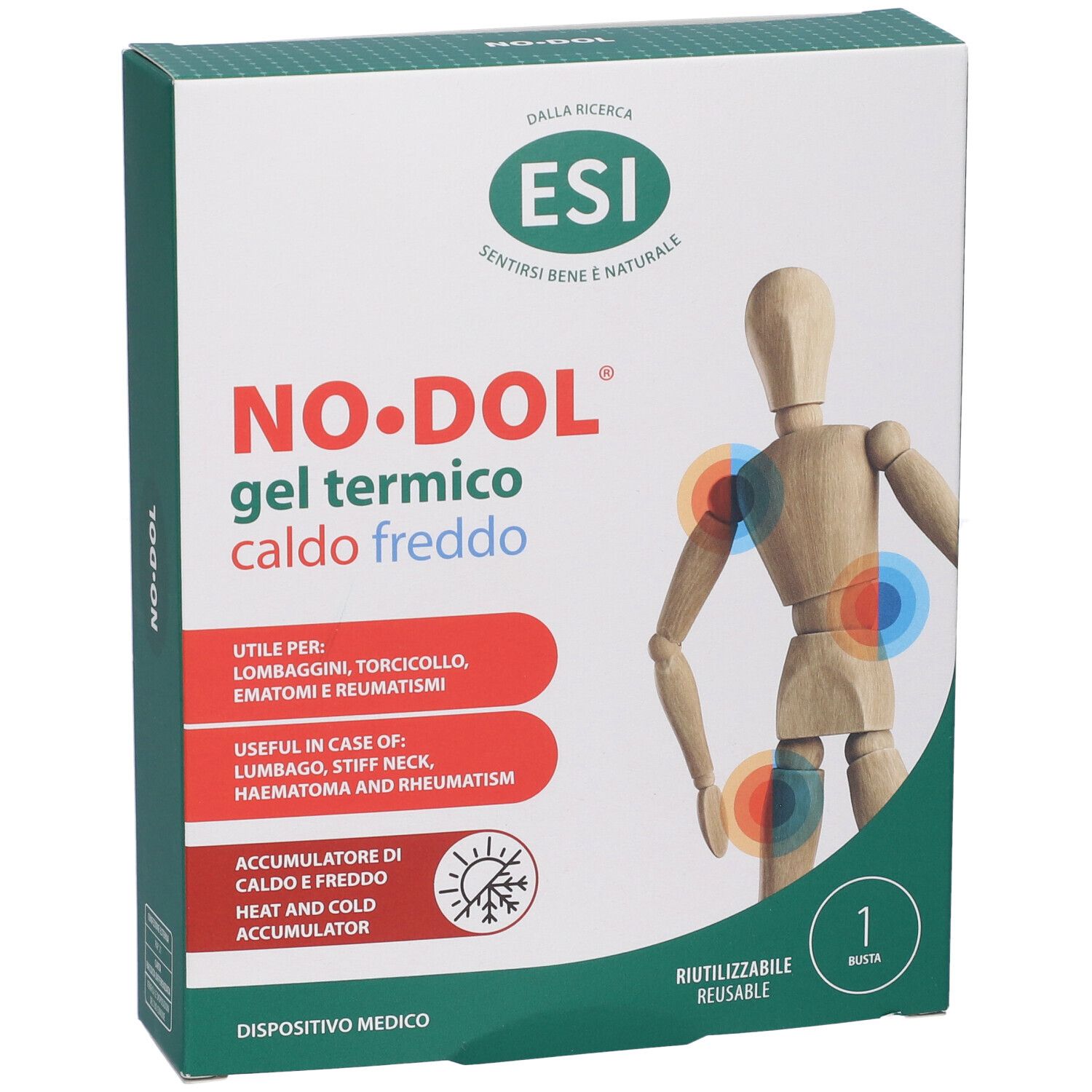 ESI NO-DOL Gel Termico Caldo Freddo Verpackung mit Holzfigur und Schmerzpunkten.