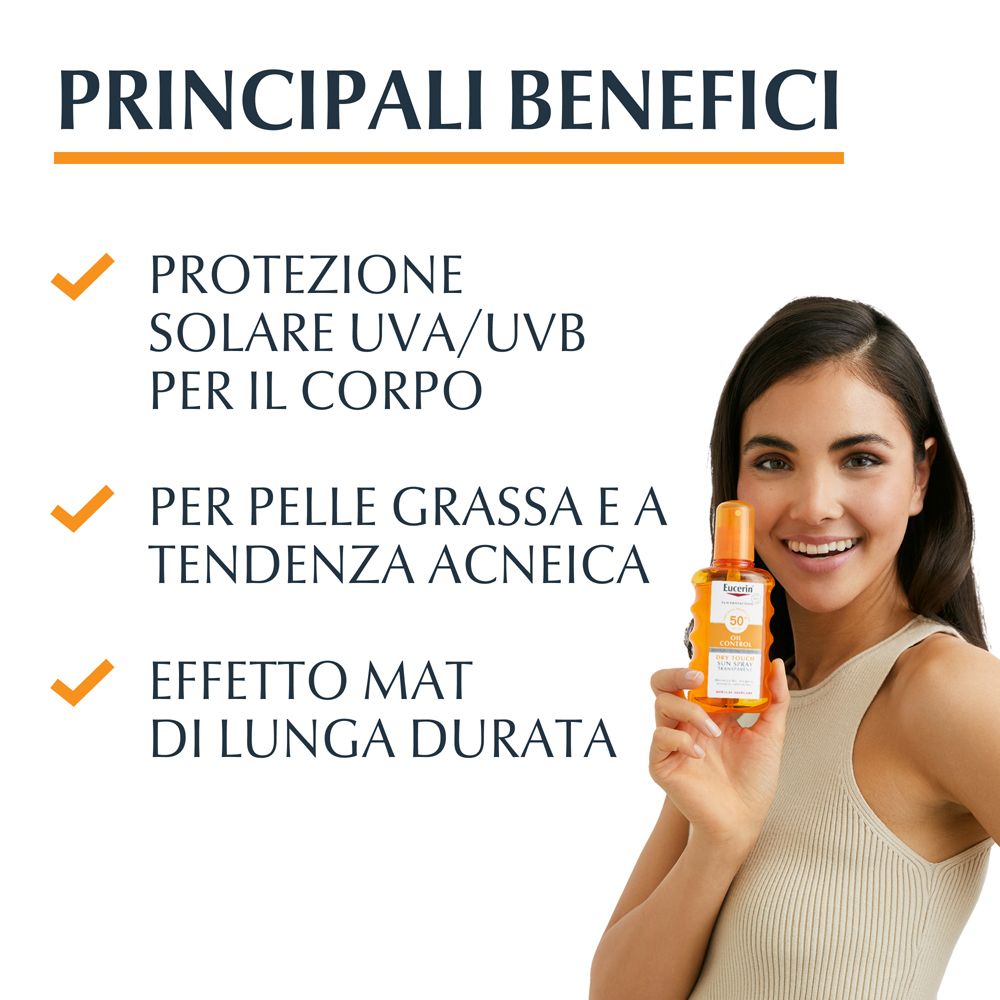 Donna tiene Eucerin Sun Spray. Vantaggi: protezione UVA/UVB, pelle grassa/acneica, effetto opaco a lunga durata.