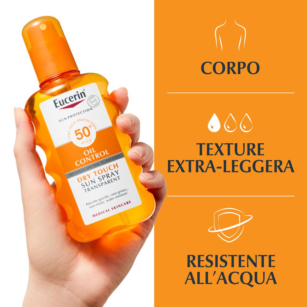 Mano tiene Eucerin Sun Spray. Caratteristiche: corpo, texture extra-leggera, resistente all'acqua. Design arancione.