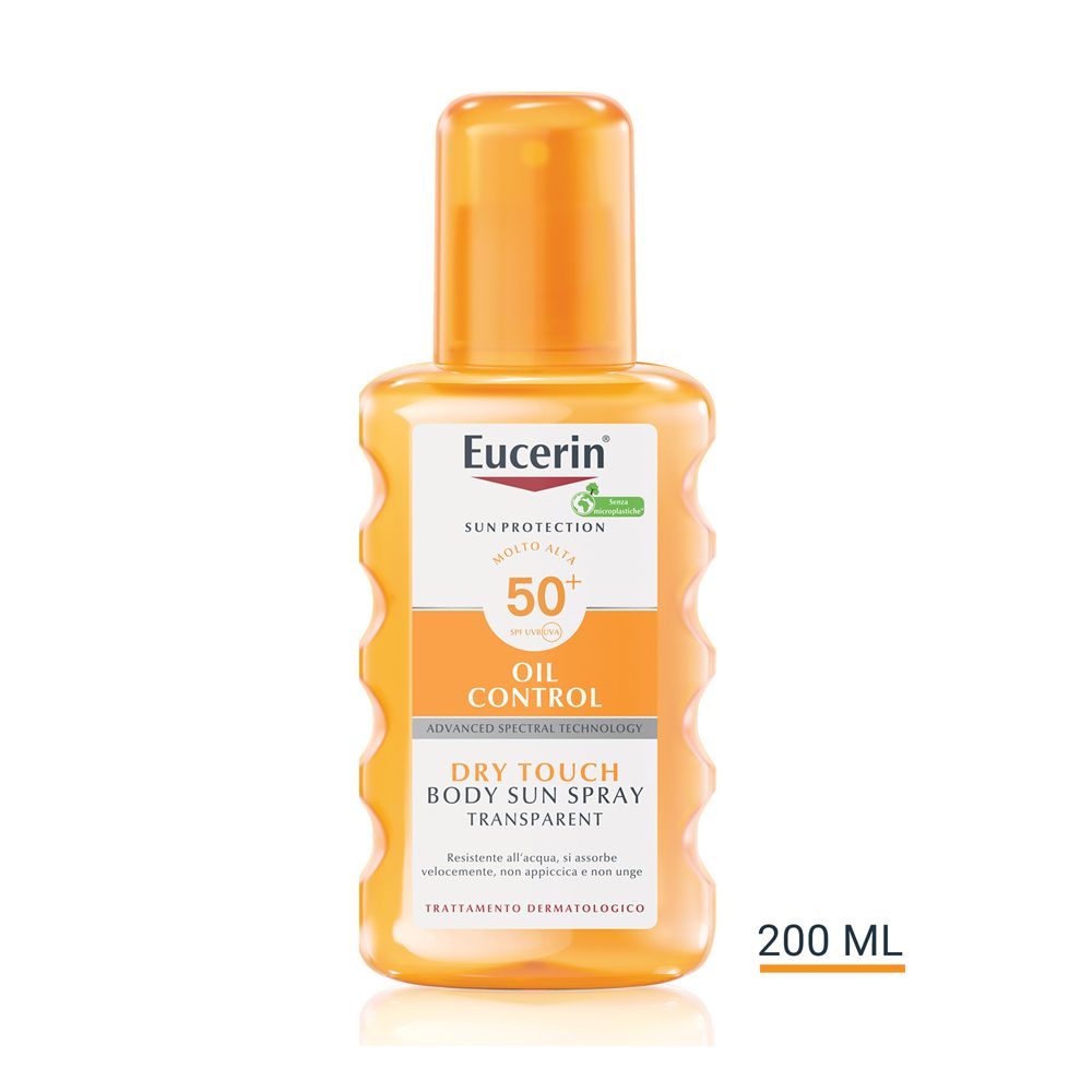 Eucerin Sun Spray Transparent LSF 50. Flacone arancione con erogatore spray. Informazioni sul prodotto e marchio visibili.