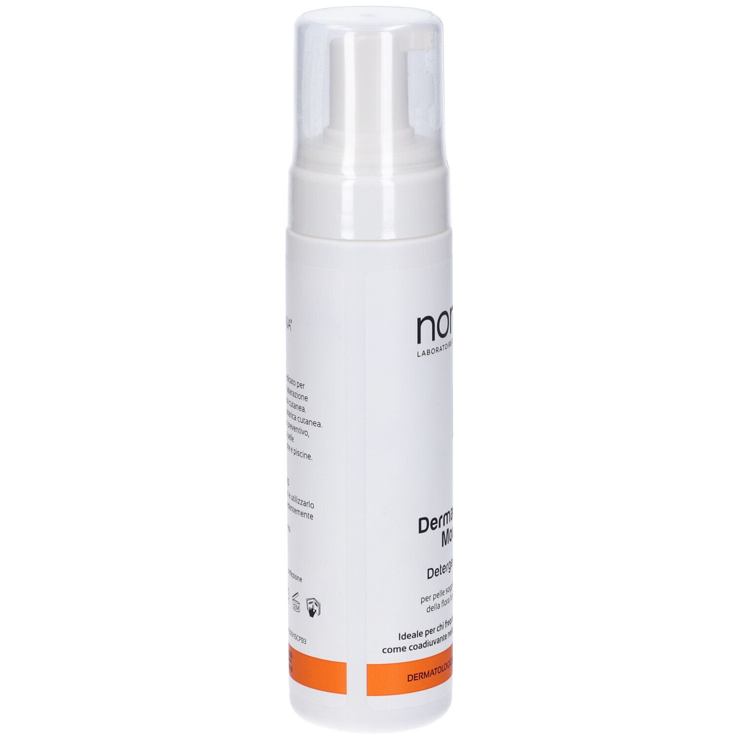 Flacone bianco con spruzzatore. Scritta: Noreva, DermanAmico Mousse. Striscia arancione in basso.
