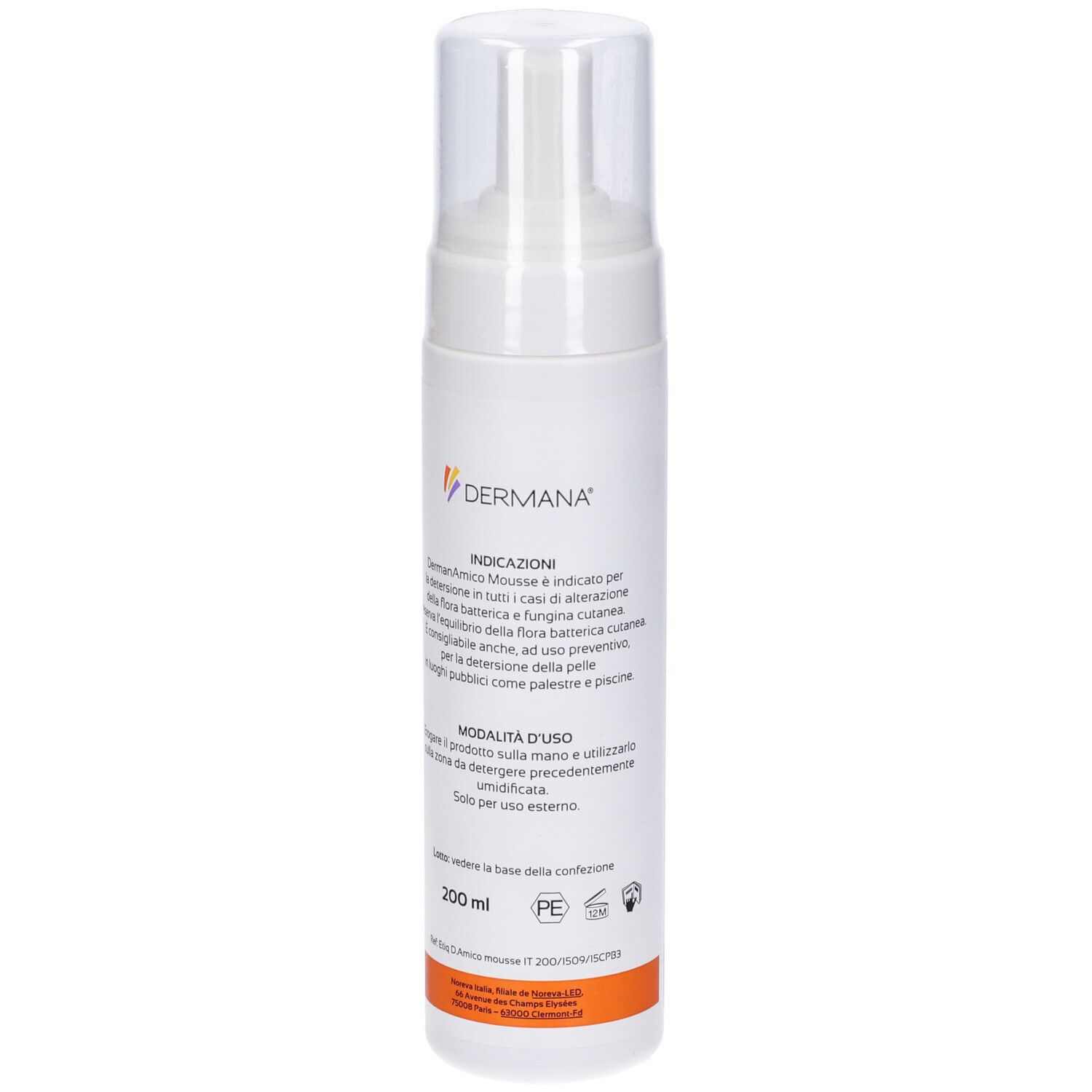 Flacone bianco con spruzzatore. Scritta: Noreva, DermanAmico Mousse. Striscia arancione in basso.