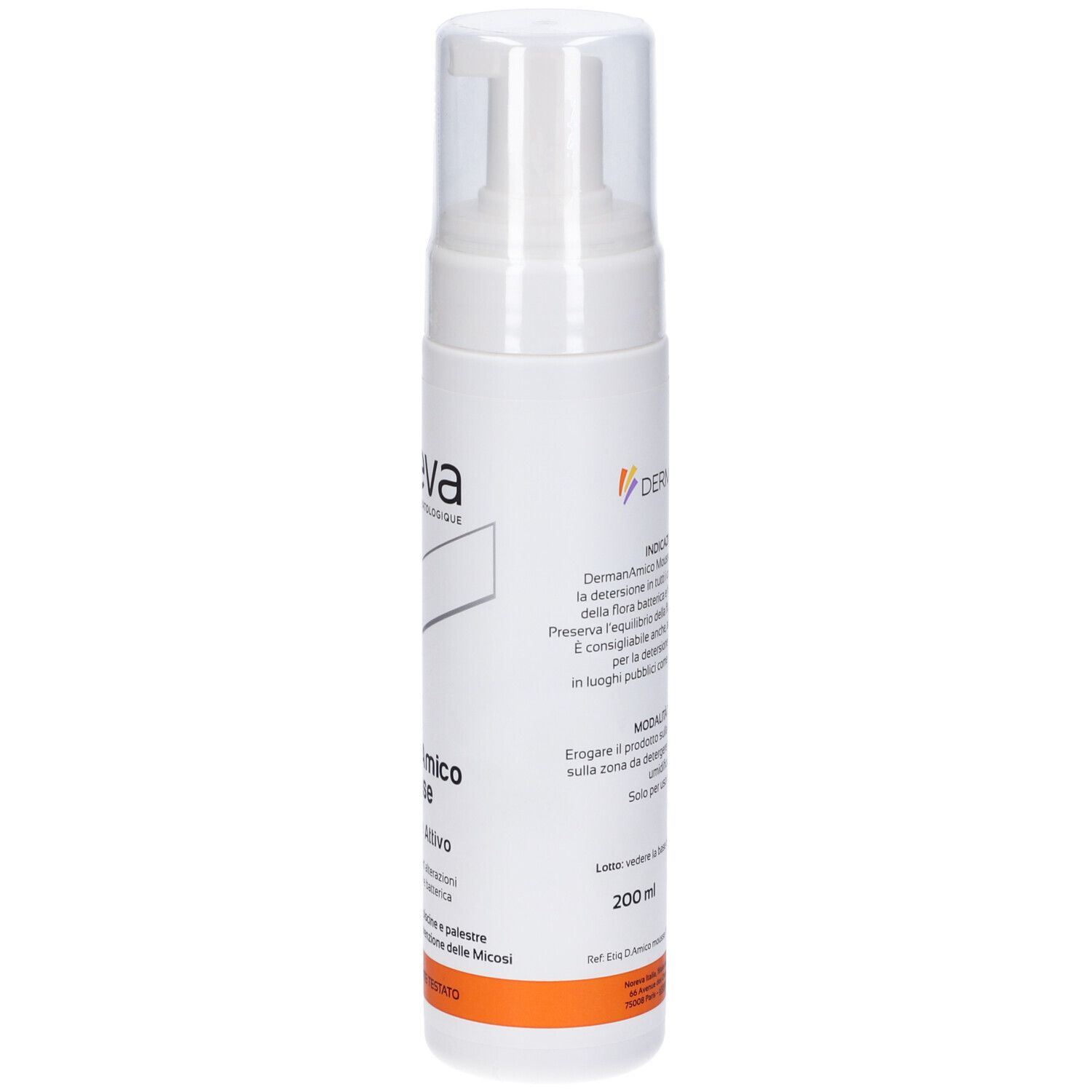 Flacone bianco con spruzzatore. Scritta: Noreva, DermanAmico Mousse. Striscia arancione in basso.