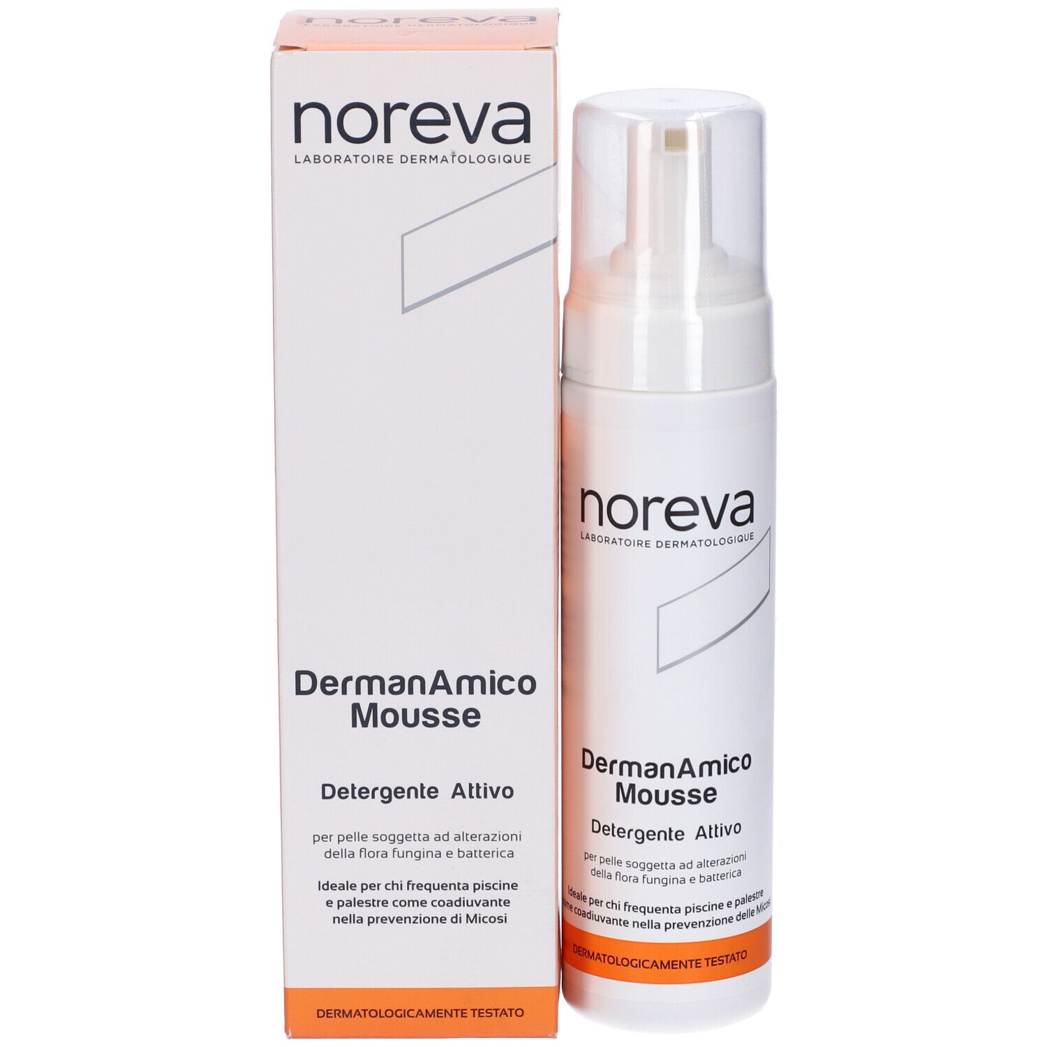 Flacone e scatola bianchi. Scritta: Noreva, DermanAmico Mousse. Accenti arancioni. Confezione.