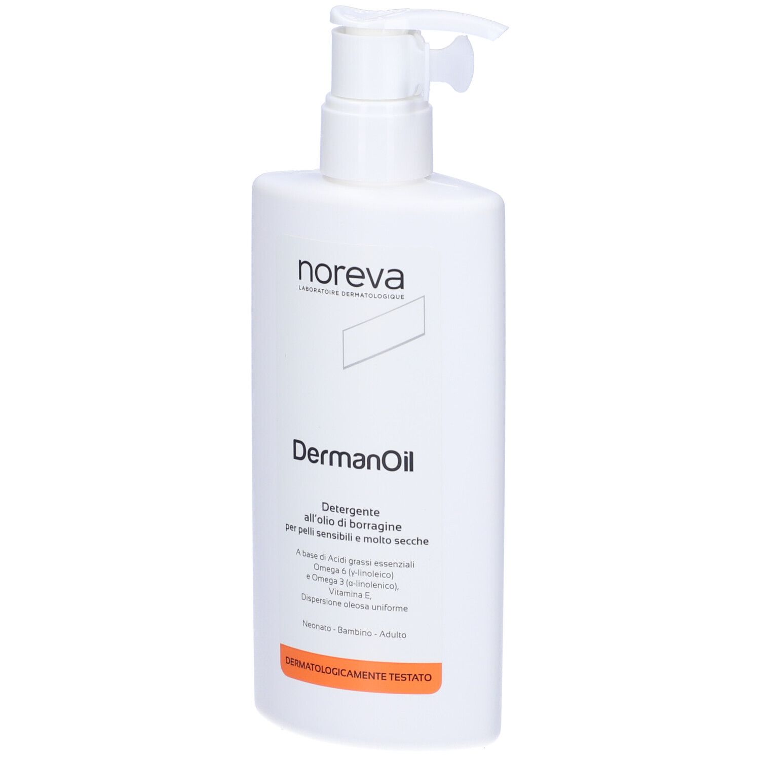 Weiße Flasche mit Pumpverschluss. Aufschrift: DermanOil, Noreva. Orangefarbener Streifen mit Text.