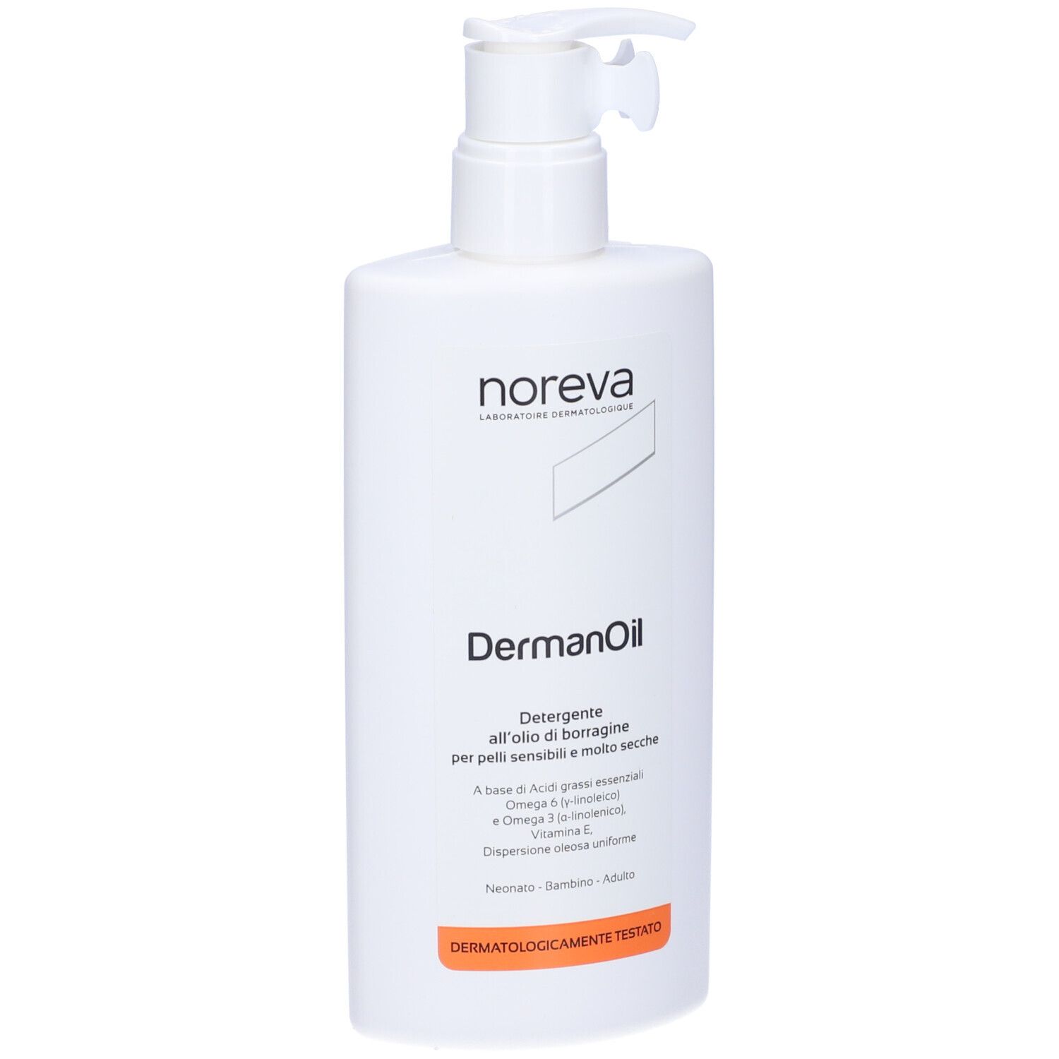 Weiße Flasche mit Pumpverschluss. Aufschrift: DermanOil, Noreva. Orangefarbener Streifen mit Text.