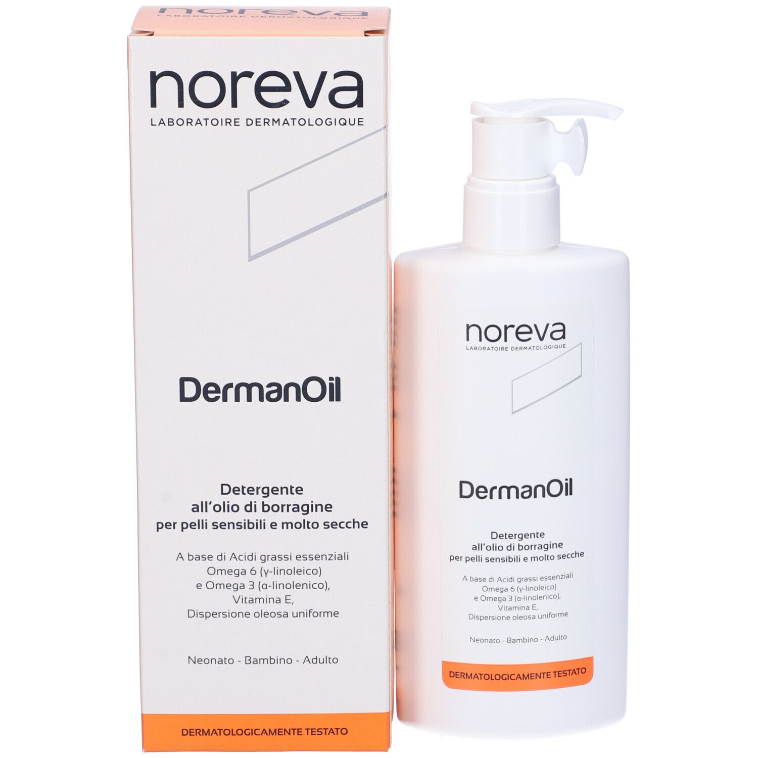 Weiße Flasche mit Pumpverschluss und Karton. Aufschrift: DermanOil, Noreva. Orangefarbener Streifen.