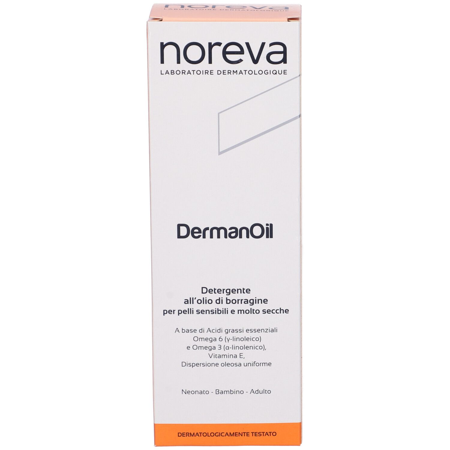 Karton mit Aufschrift: DermanOil, Noreva. Orangefarbener Streifen mit Text.