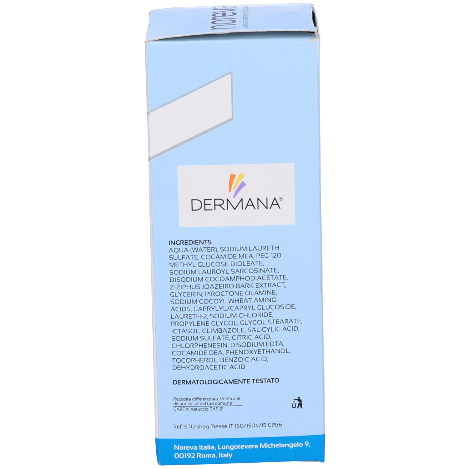 Retro della scatola. Scritta: Dermana, ingredienti. Testato dermatologicamente.