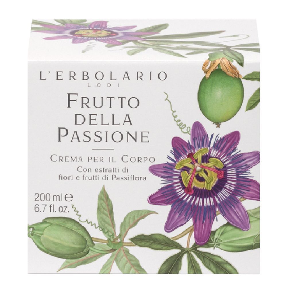 Confezione di crema corpo con nome del prodotto e illustrazioni di fiori della passione. Testo: L'Erbolario, Frutto della Passione, 200 ml.