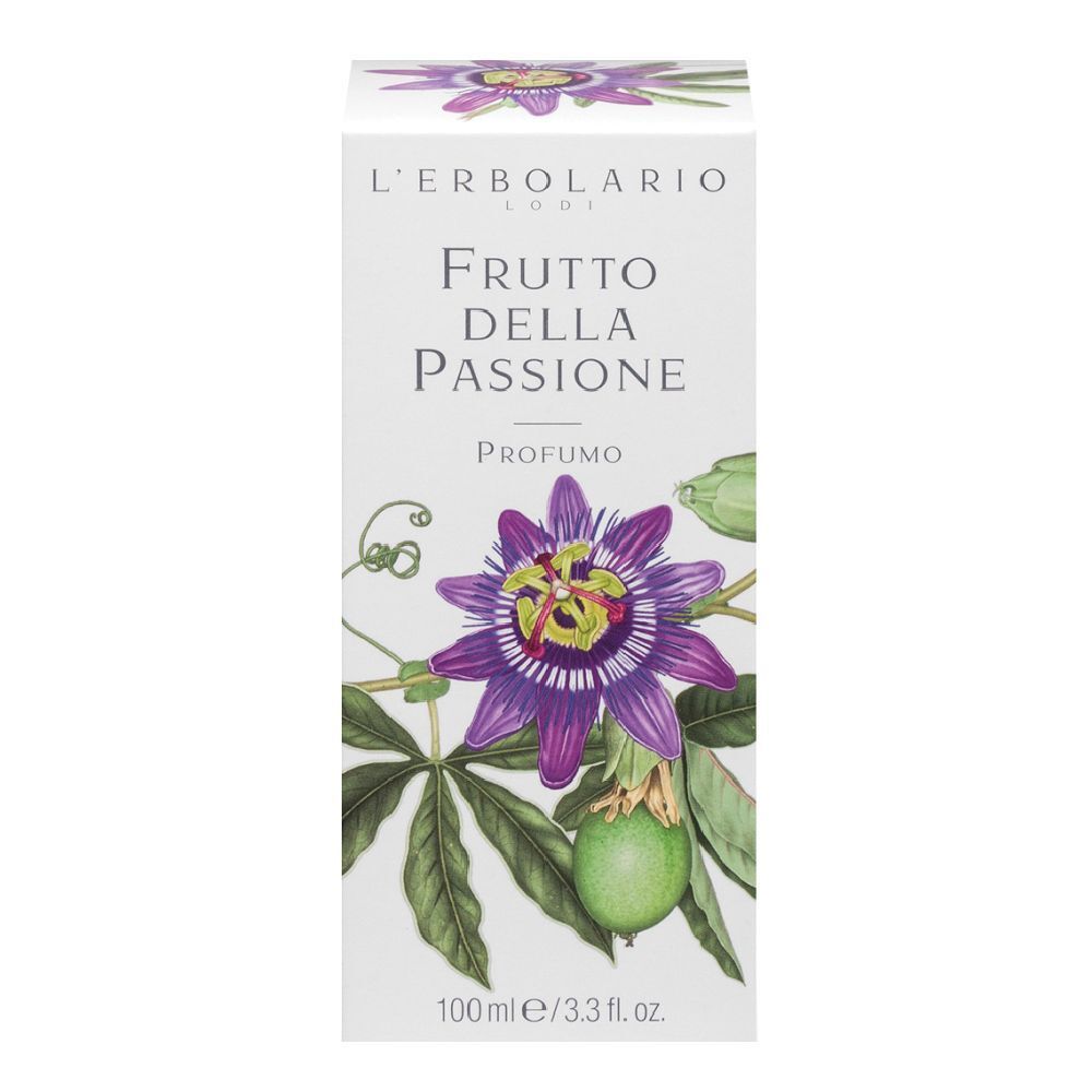 Confezione con nome del prodotto e illustrazione floreale. Testo: L'Erbolario, Frutto della Passione Profumo.
