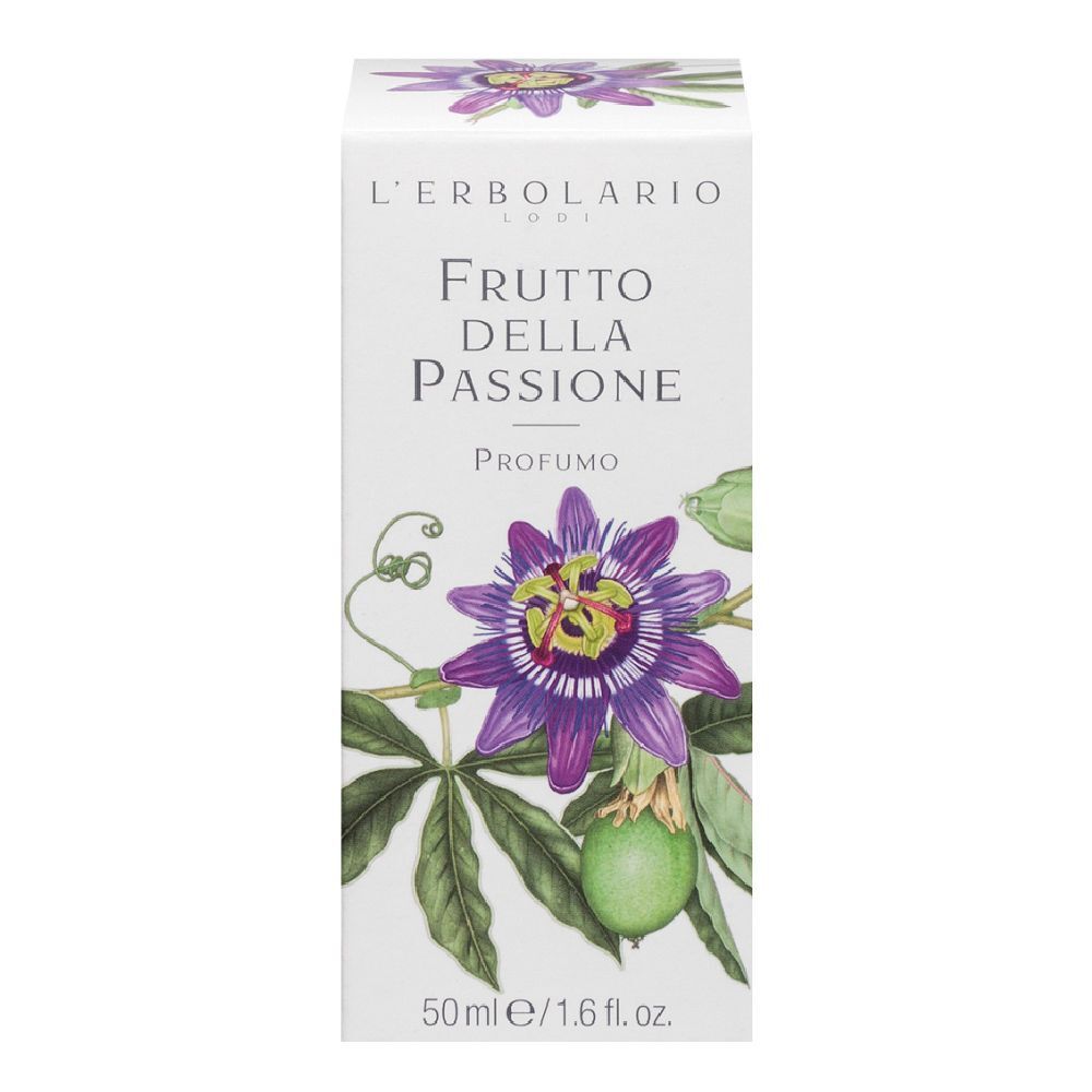 Scatola bianca con illustrazione di fiore della passione. Testo: Frutto della Passione Profumo, 50 ml.