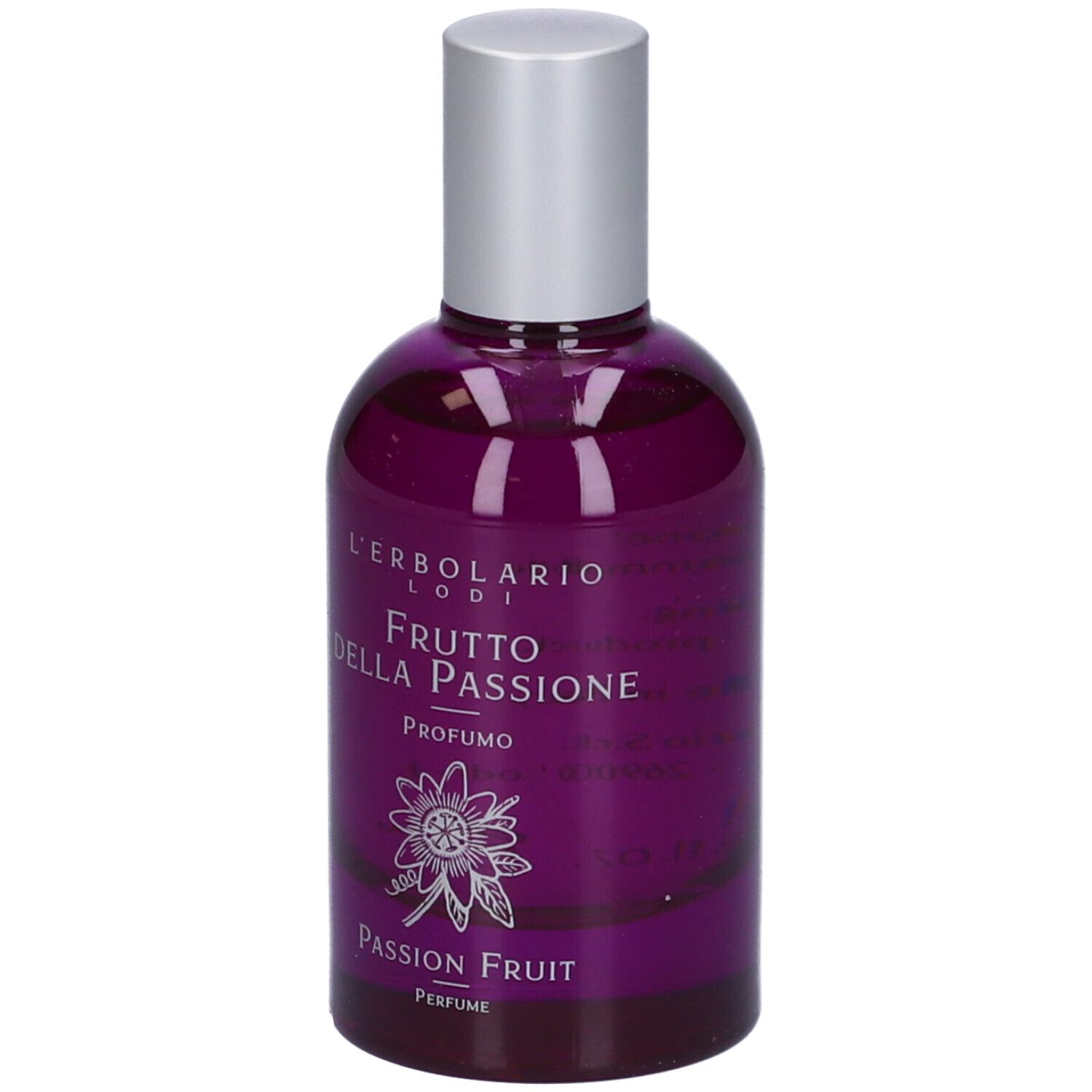 Flacone in vetro viola con tappo argentato. Testo: Frutto della Passione Profumo, Passion Fruit.
