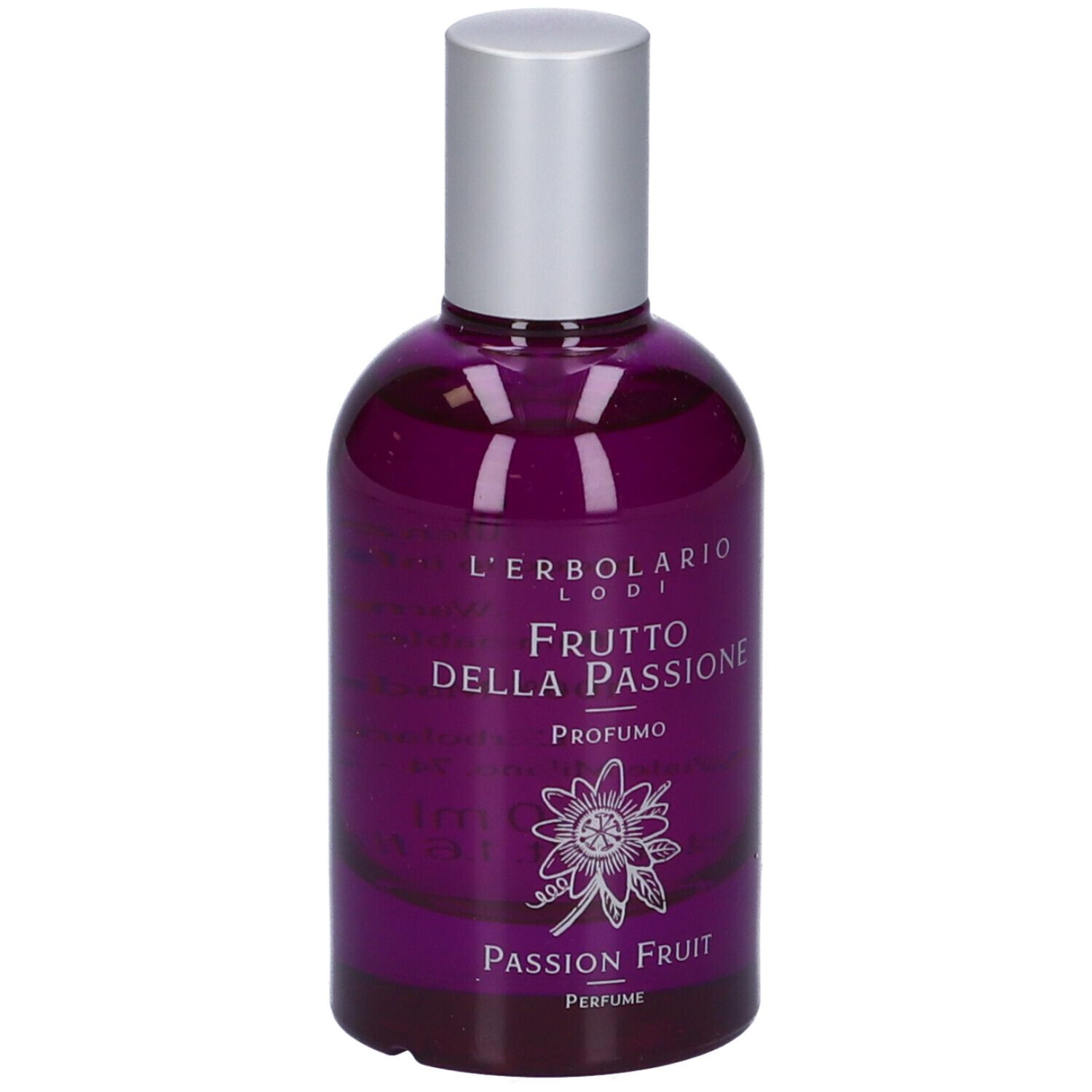 Flacone in vetro viola con tappo argentato. Testo: Frutto della Passione Profumo, Passion Fruit.