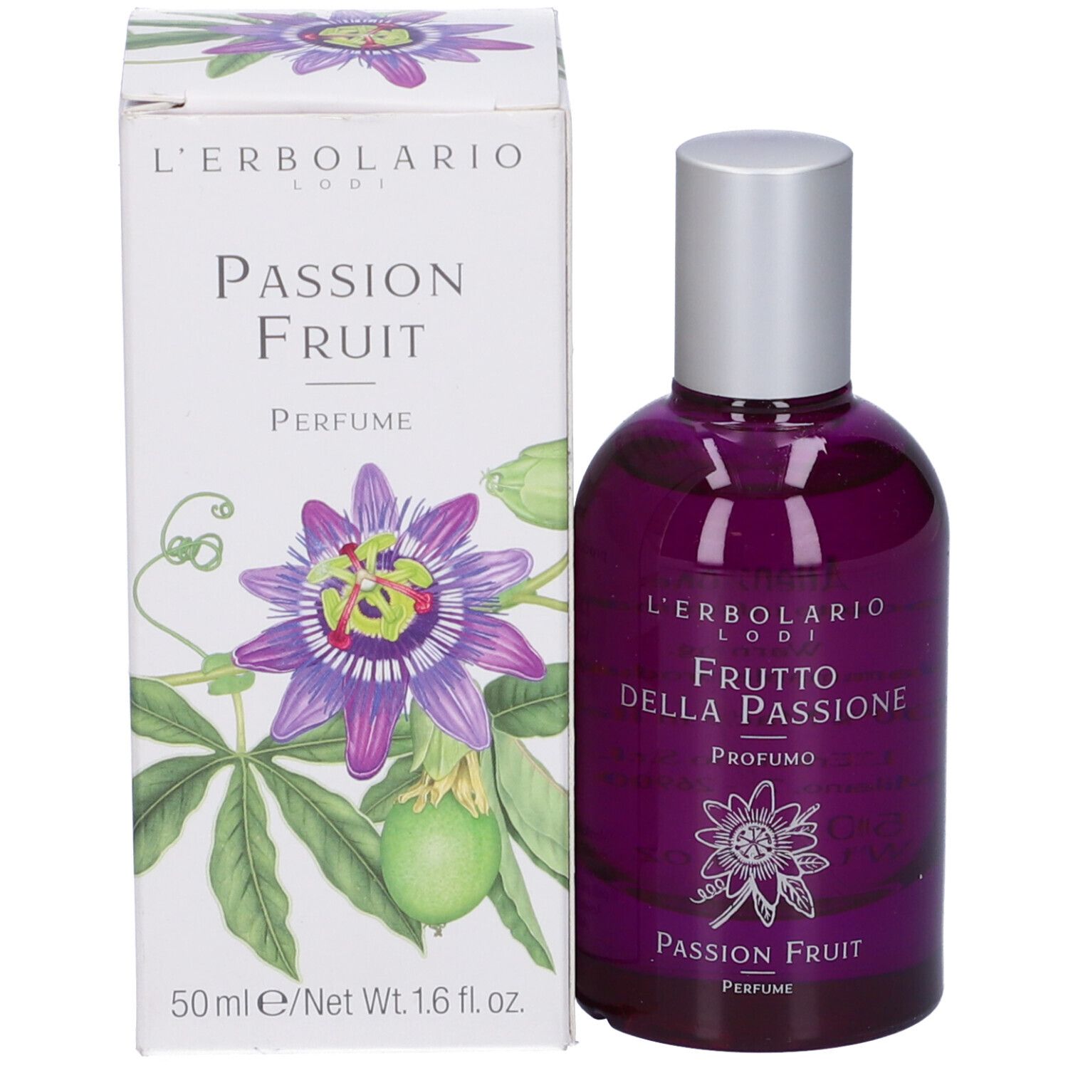 Flacone e scatola. Flacone: viola, tappo argento. Scatola: bianca, illustrazione fiore della passione.