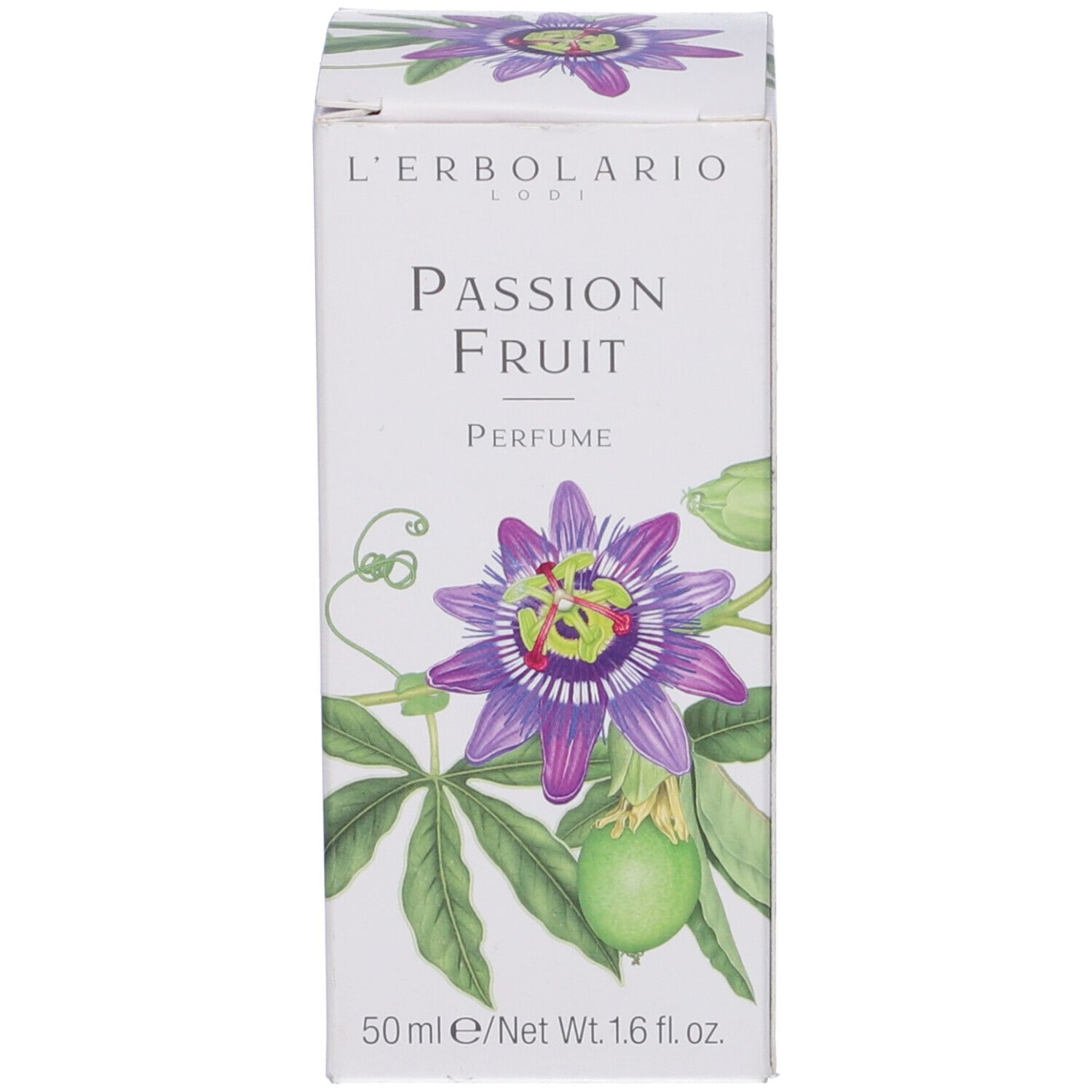 Scatola bianca con illustrazione di fiore della passione. Testo: Passion Fruit, 50 ml.