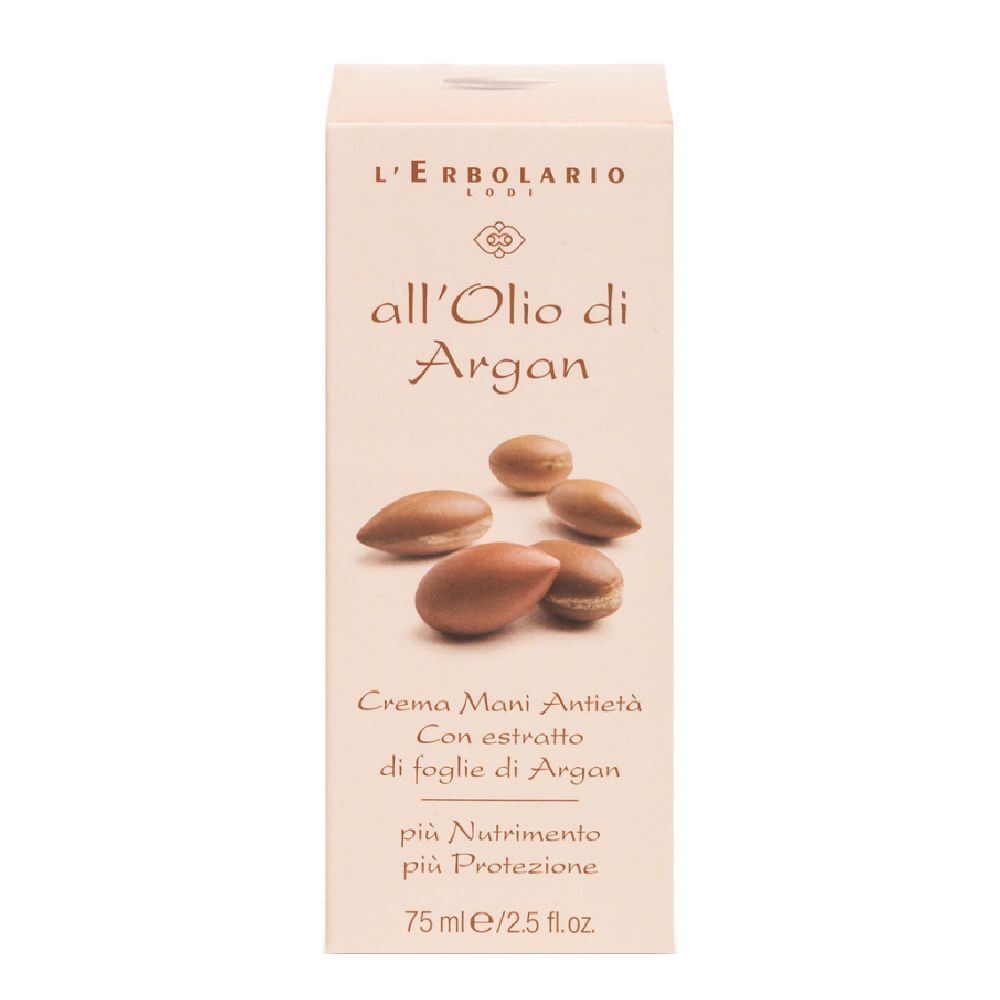 Confezione beige con nome del prodotto e immagine di argan. Testo: Creme Mani Antieta'. 75 ml.