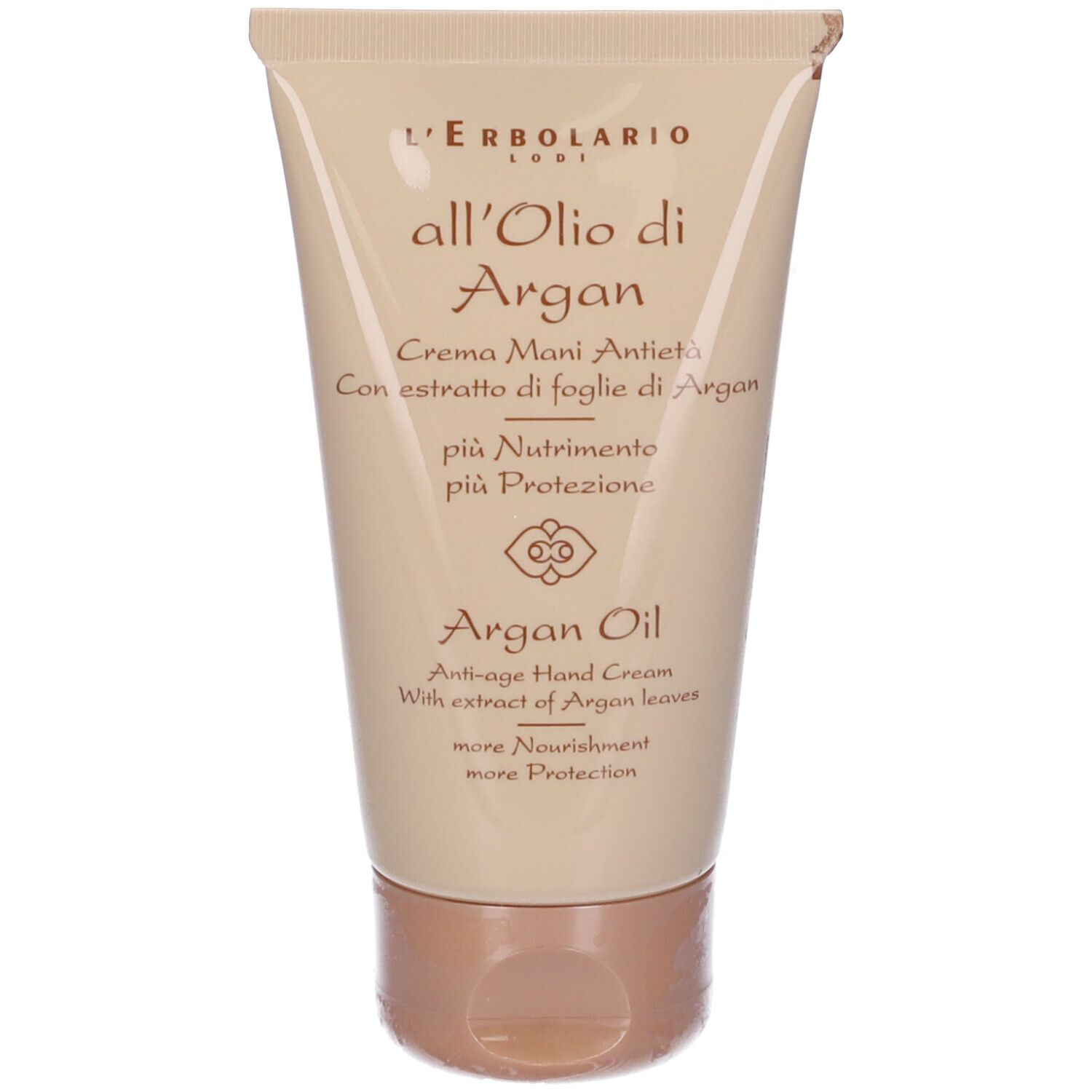 Tubo beige con tappo marrone. Nome del prodotto e testo: all'Olio di Argan, Creme Mani Antieta'.