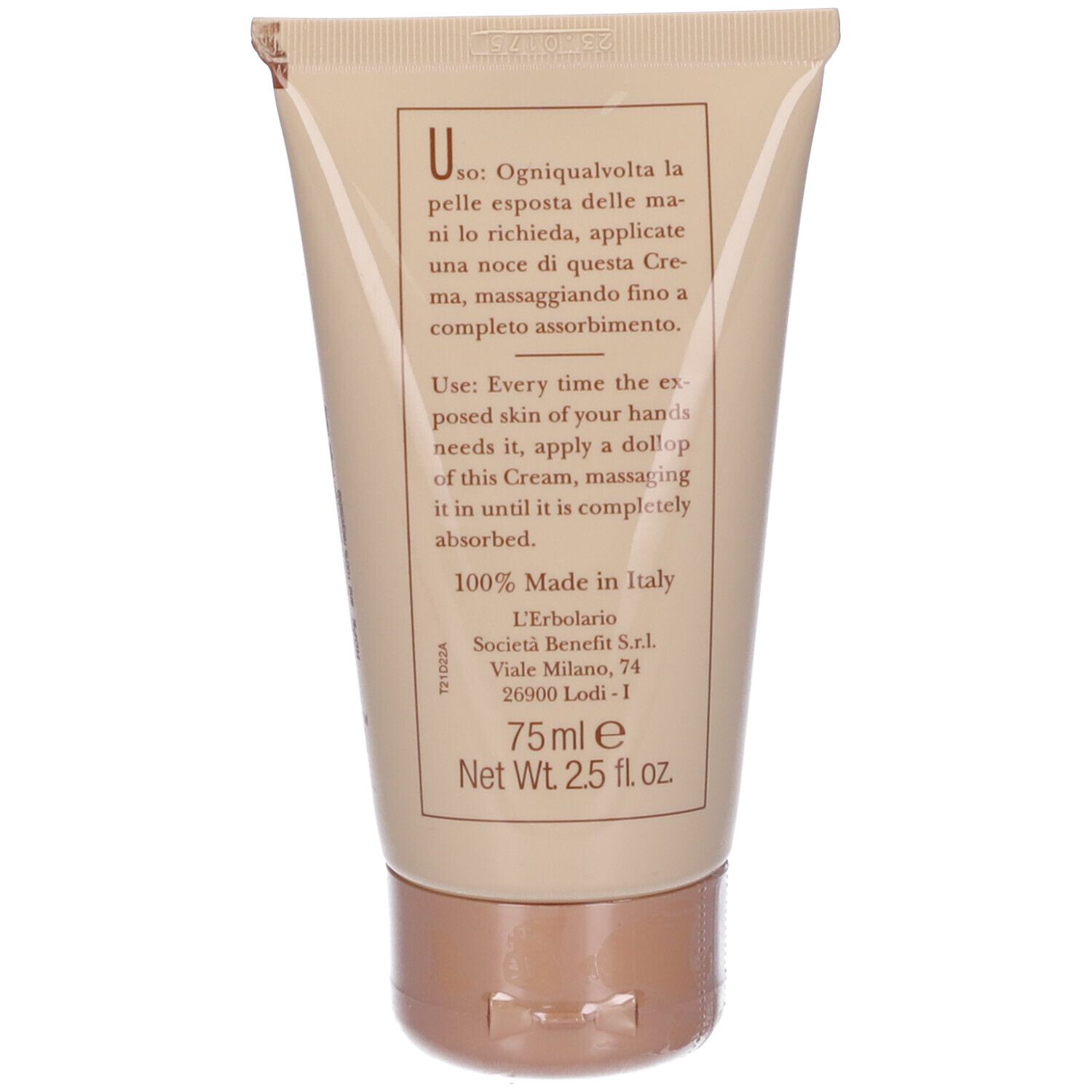 Retro del tubo. Testo: istruzioni per l'uso in italiano e inglese. 75 ml, 100% Made in Italy.