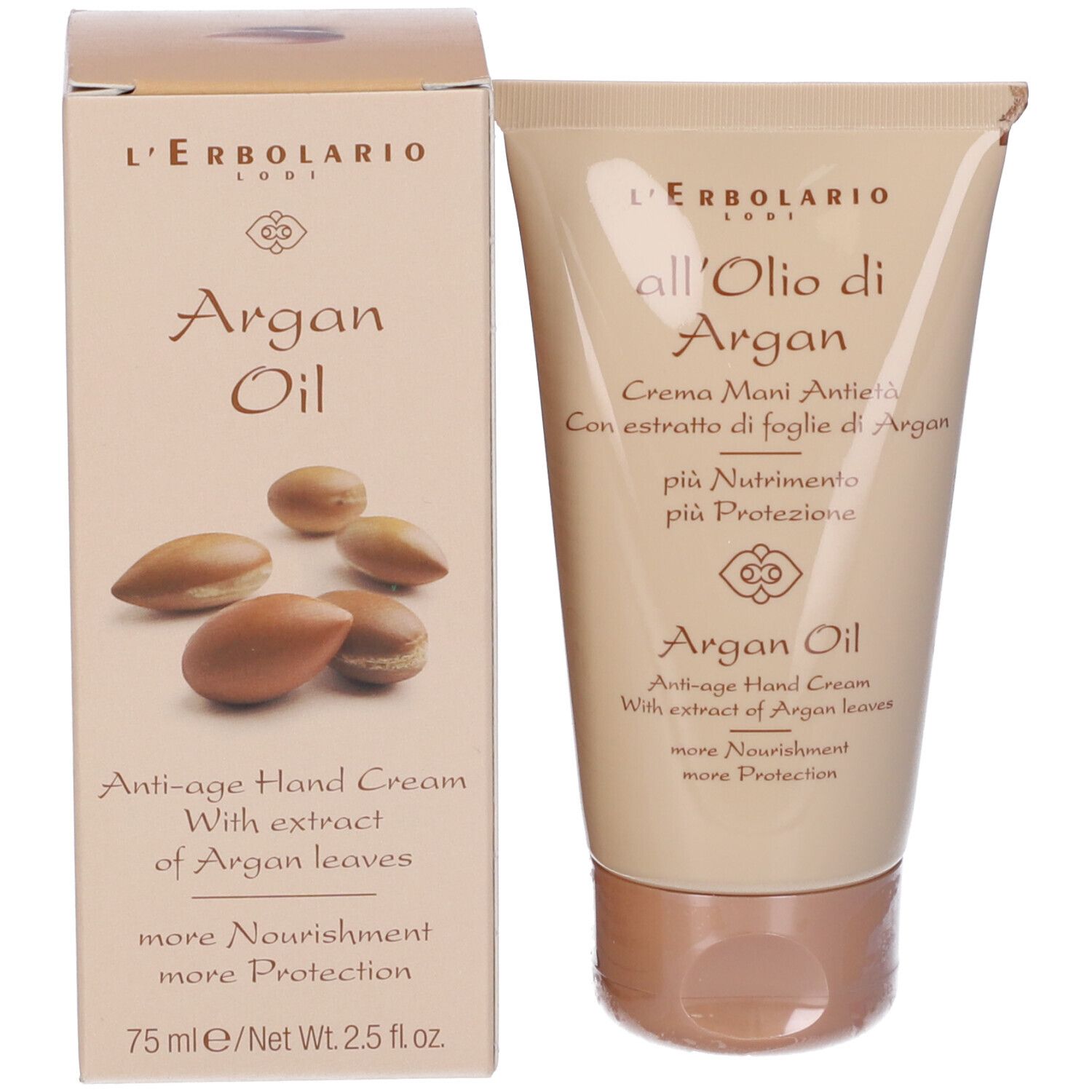 Confezione del prodotto e tubo affiancati. Confezione: Argan Oil, Creme Mani Antieta'. Tubo: all'Olio di Argan.