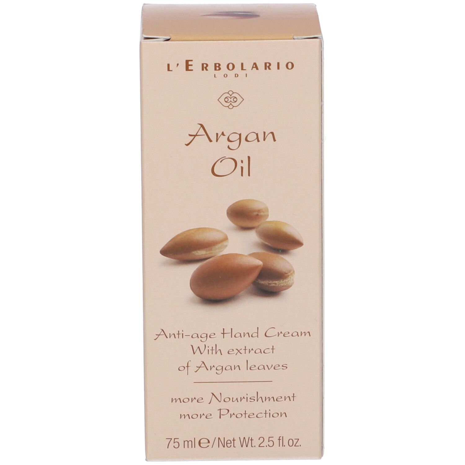 Confezione in cartone con nome del prodotto e immagine di argan. Testo: Argan Oil, Anti-age Hand Cream. 75 ml.