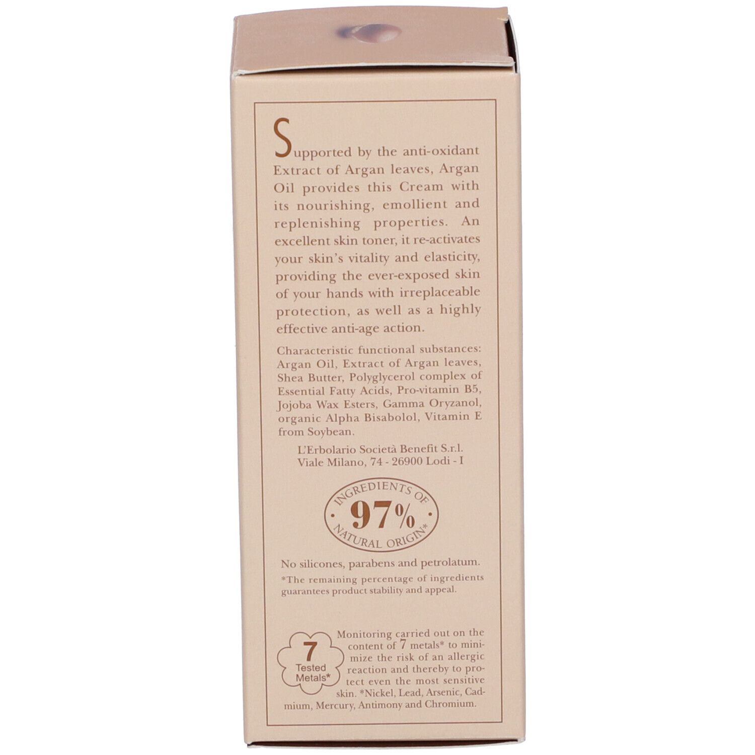 Retro della confezione. Testo: ingredienti, 97% di origine naturale. 7 metalli testati.
