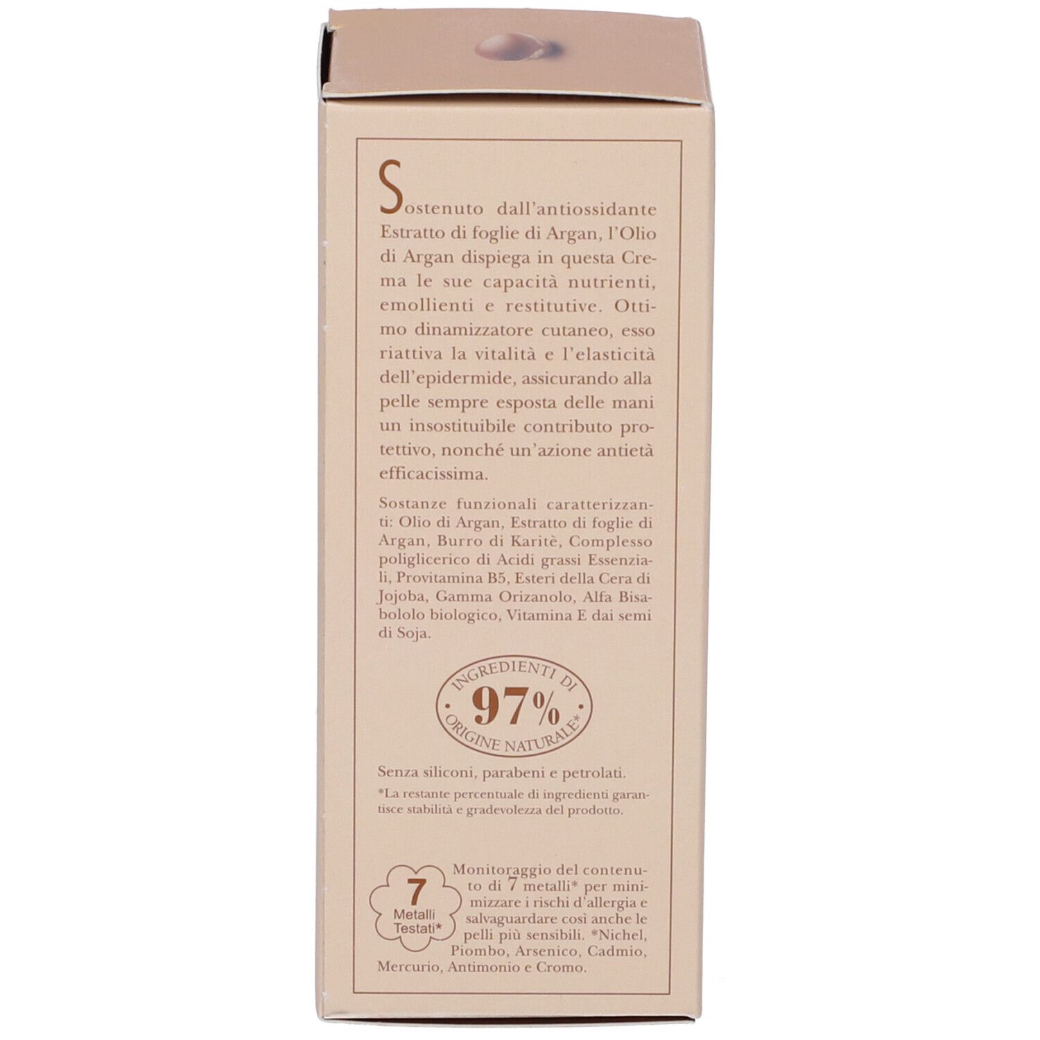 Retro della confezione. Testo: ingredienti, 97% di origine naturale. 7 metalli testati.