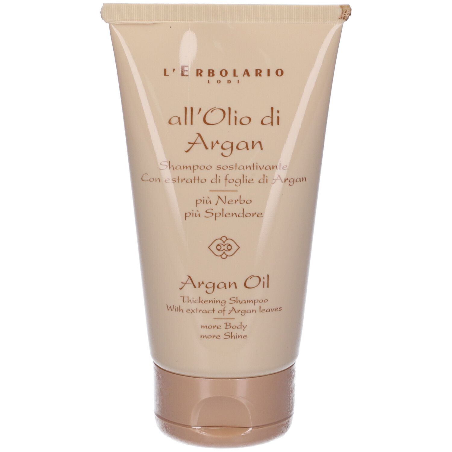 Tubo beige. Scritta: L'Erbolario, all'Olio di Argan, Shampoo. Testo e logo.