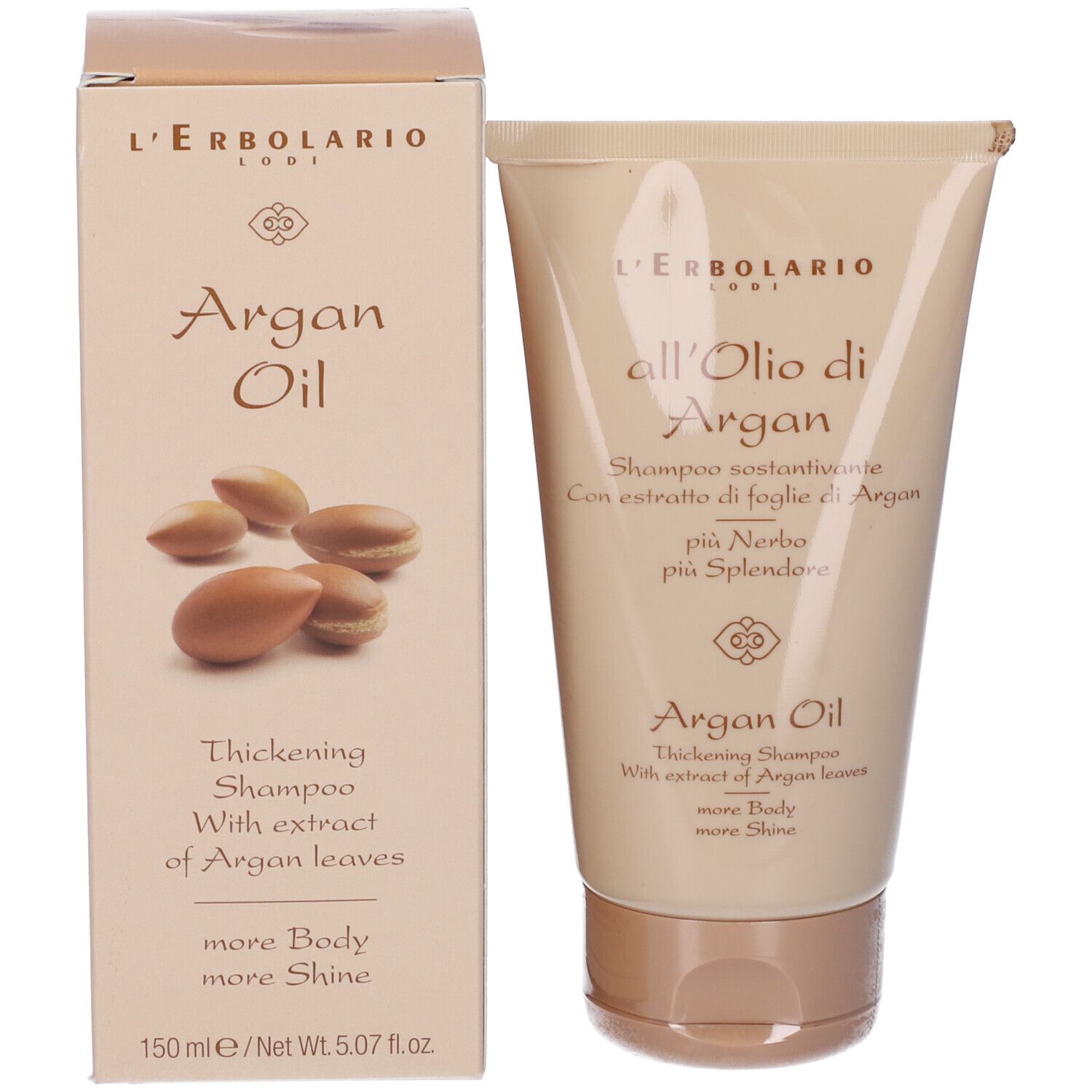 Tubo e scatola beige. Scritta: L'Erbolario, Argan Oil, Shampoo. Illustrazione di semi di argan.