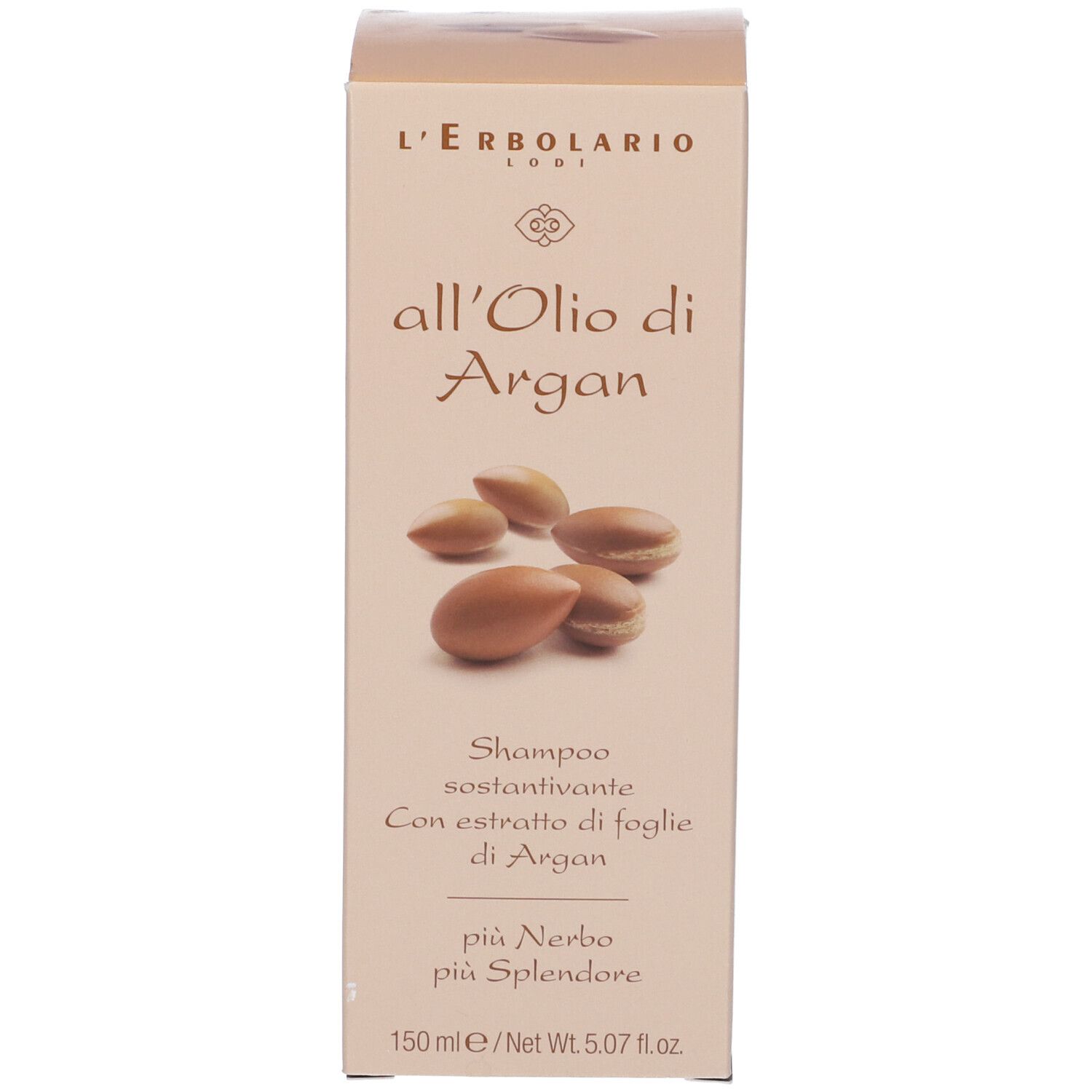 Scatola beige. Scritta: L'Erbolario, all'Olio di Argan, Shampoo. Illustrazione di semi di argan.