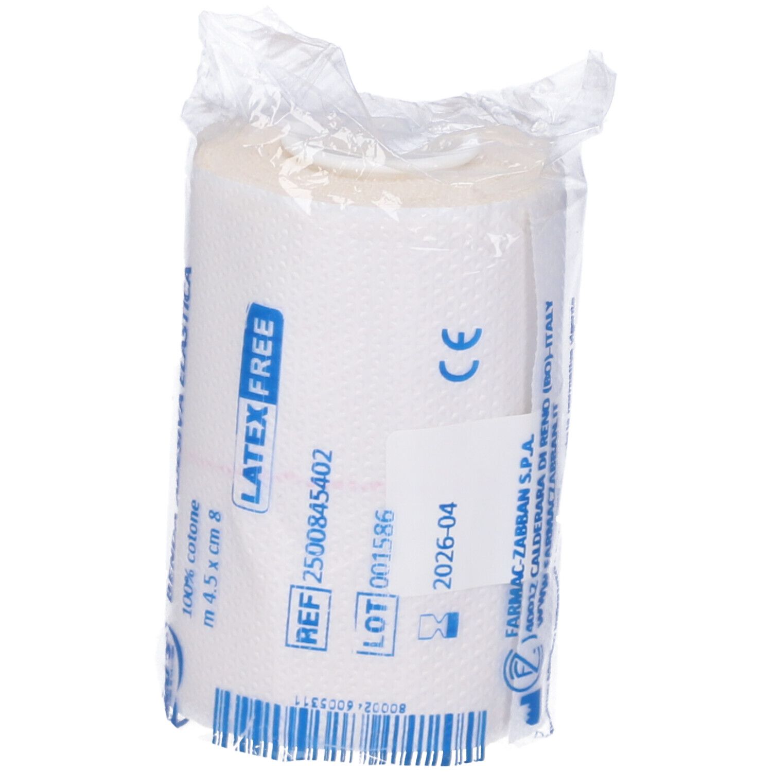 Rotolo di benda in plastica. Senza lattice. 100% cotone. Dimensioni: 4,5 cm x 8 m. Con marchio CE e numero di lotto.