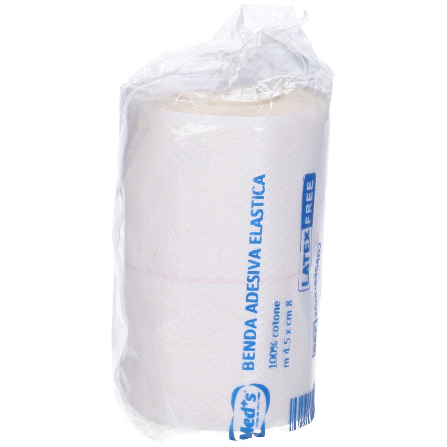 Benda adesiva elastica in plastica. 100% cotone. Dimensioni: 4,5 cm x 8 m. Senza lattice. Con marchio CE.