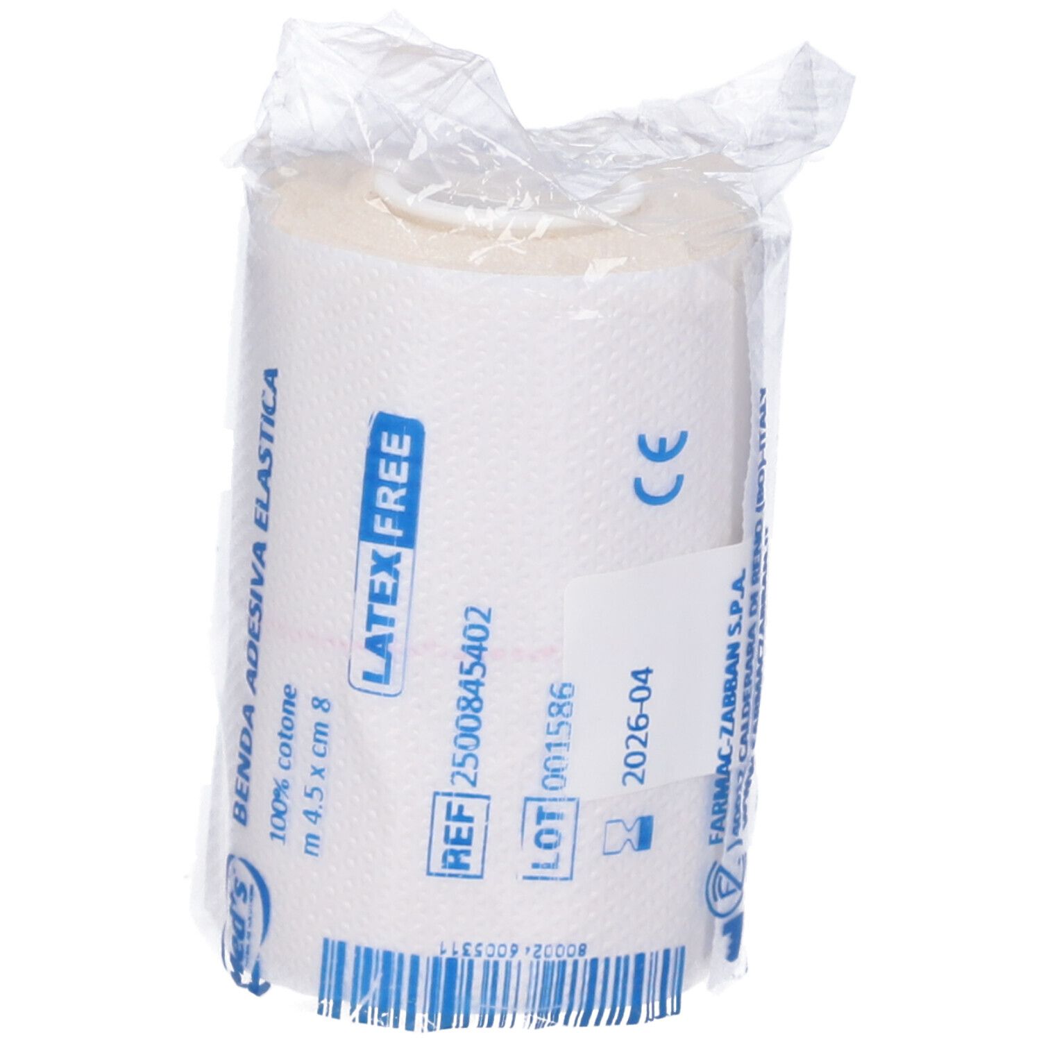 Benda adesiva elastica in plastica. 100% cotone. Dimensioni: 4,5 cm x 8 m. Senza lattice. Con marchio CE.