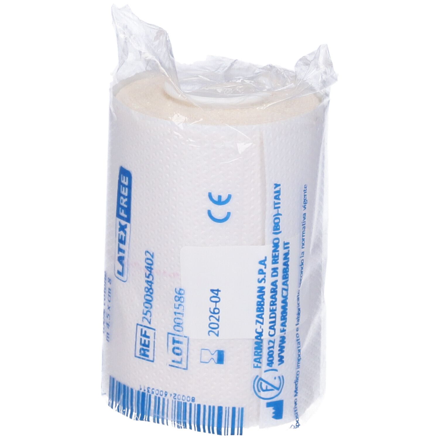 Rotolo di benda in plastica. Senza lattice. 100% cotone. Dimensioni: 4,5 cm x 8 m. Con marchio CE e numero di lotto.