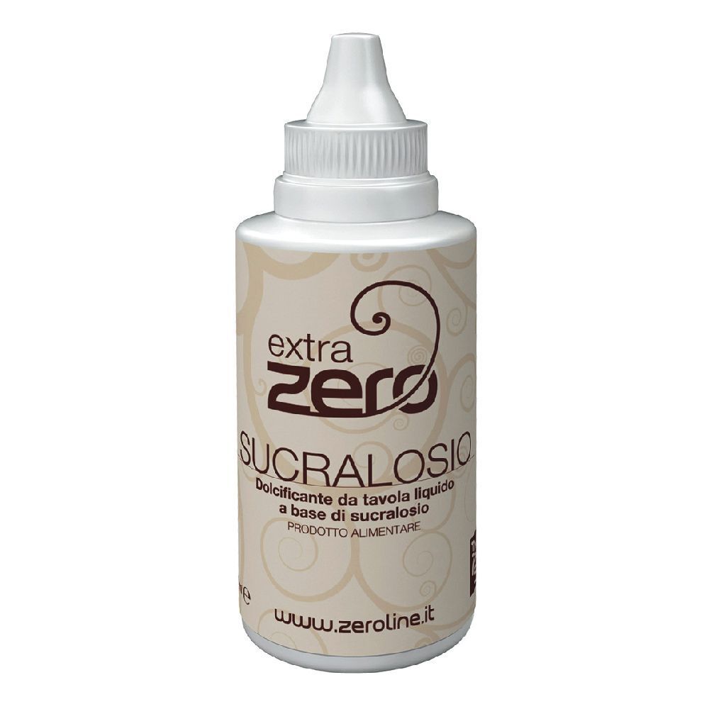 Flacone beige con tappo bianco. Scritta: extra zero sucralosio. Dolcificante liquido a base di sucralosio. www.zeroline.it.