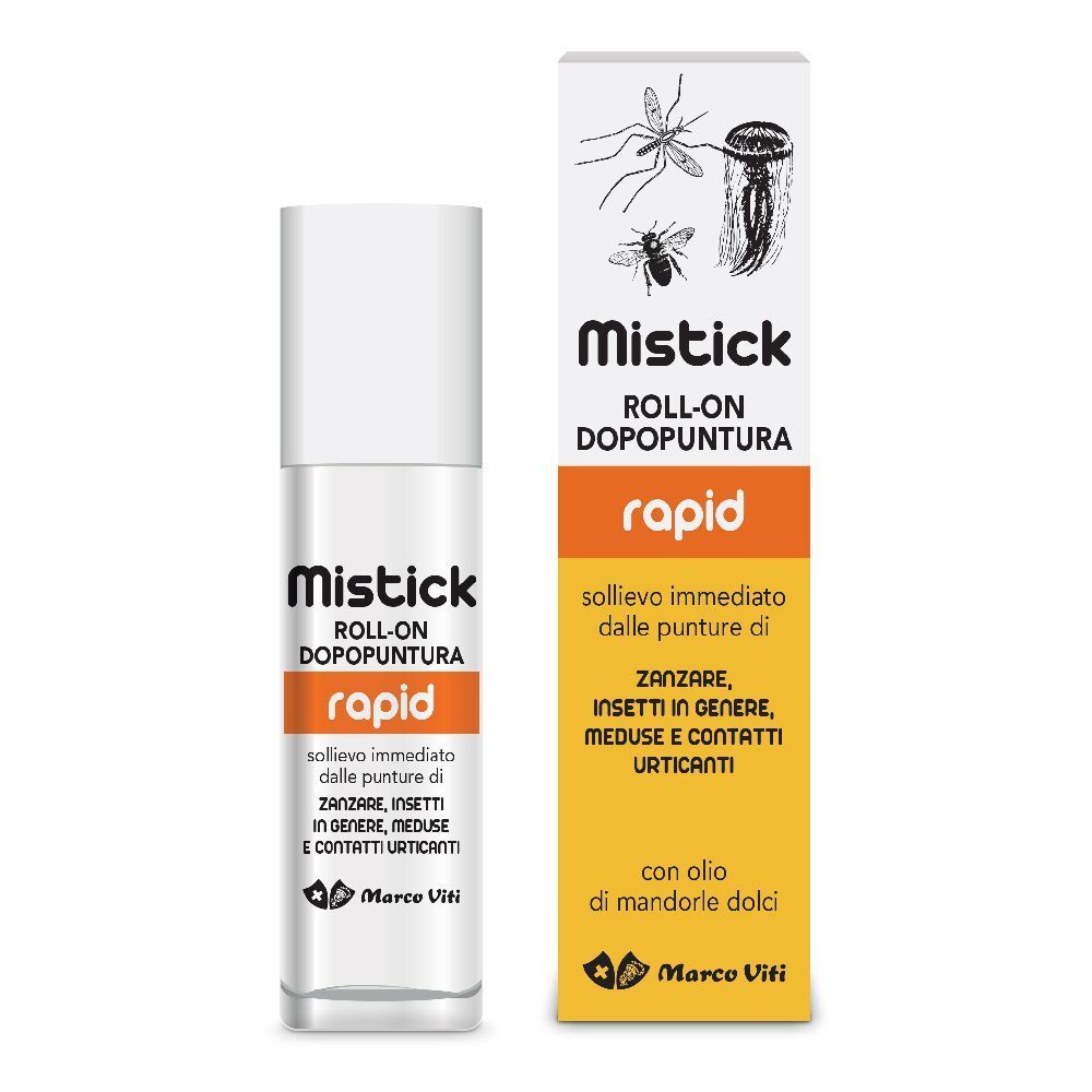 Flacone roll-on con tappo bianco ed etichetta. Testo: Mistick, Roll-on Dopopuntura, rapid. Con confezione.