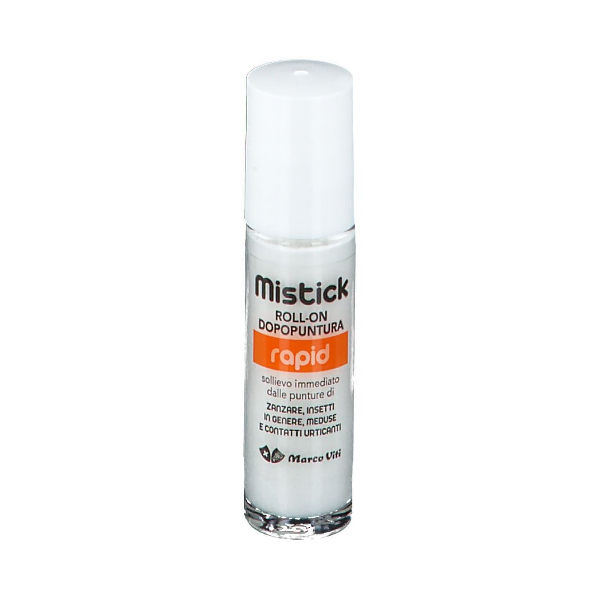 Flacone roll-on con tappo bianco ed etichetta. Testo: Mistick, Roll-on Dopopuntura, rapid.
