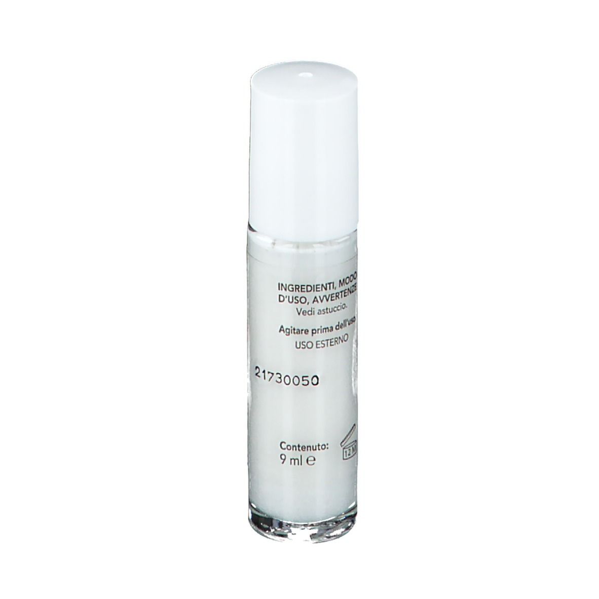 Flacone roll-on con tappo bianco. Retro con testo e numero 21730050. Contenuto: 9 ml e.