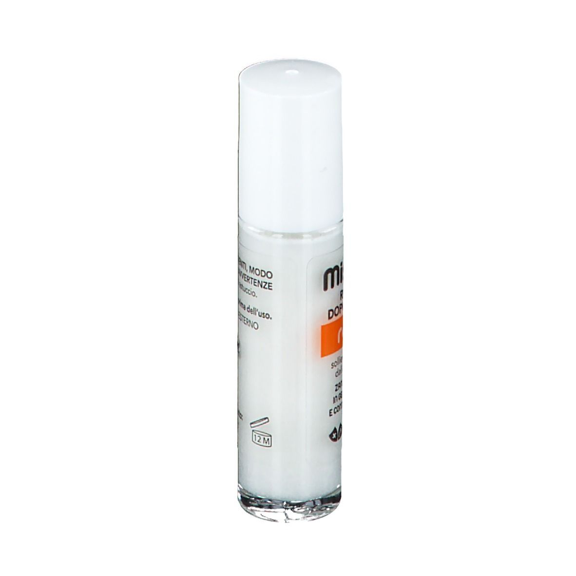 Flacone roll-on con tappo bianco. Testo: Mistick, Roll-on Dopopuntura, rapid.