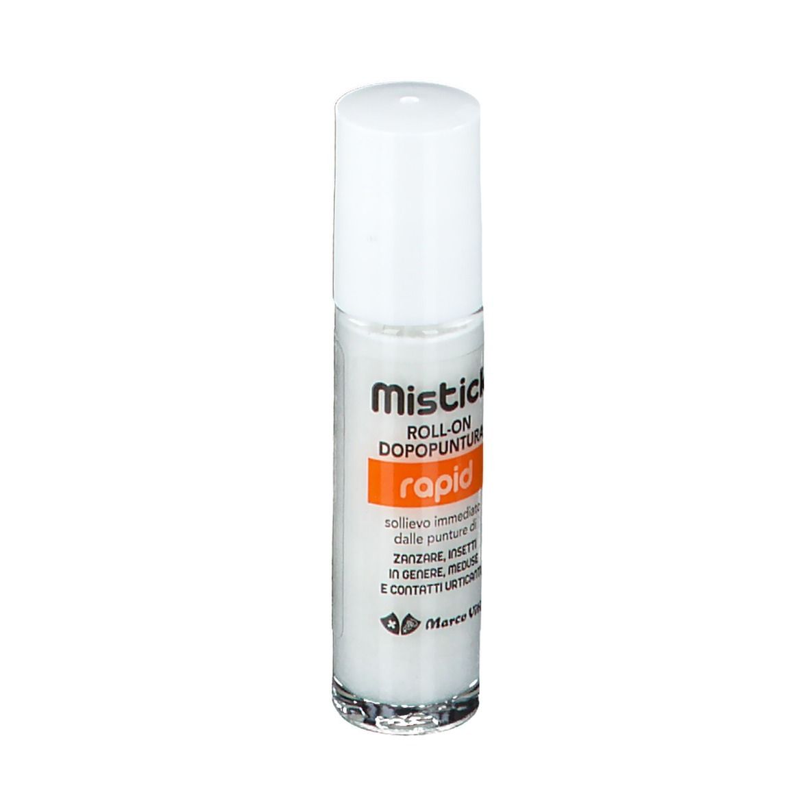 Flacone roll-on con tappo bianco. Testo: Mistick, Roll-on Dopopuntura, rapid.