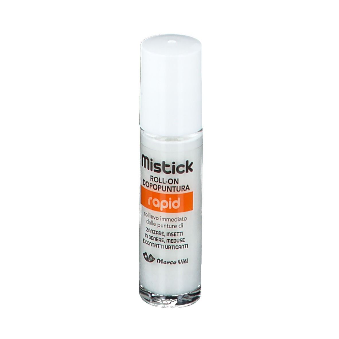 Flacone roll-on con tappo bianco. Testo: Mistick, Roll-on Dopopuntura, rapid.