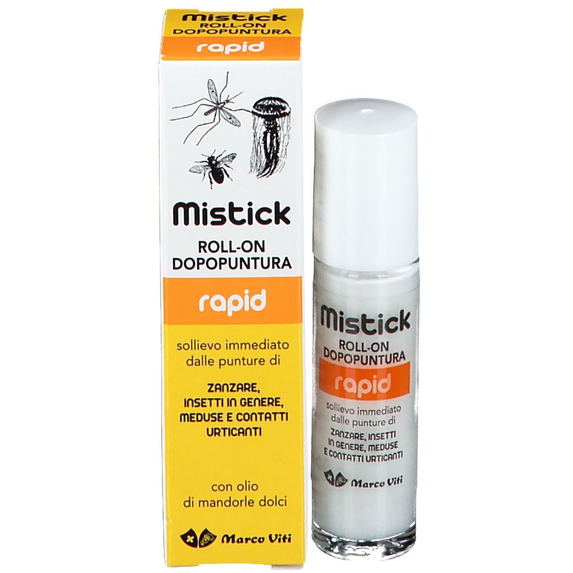 Flacone roll-on con tappo bianco e confezione. Testo: Mistick, Roll-on Dopopuntura, rapid.