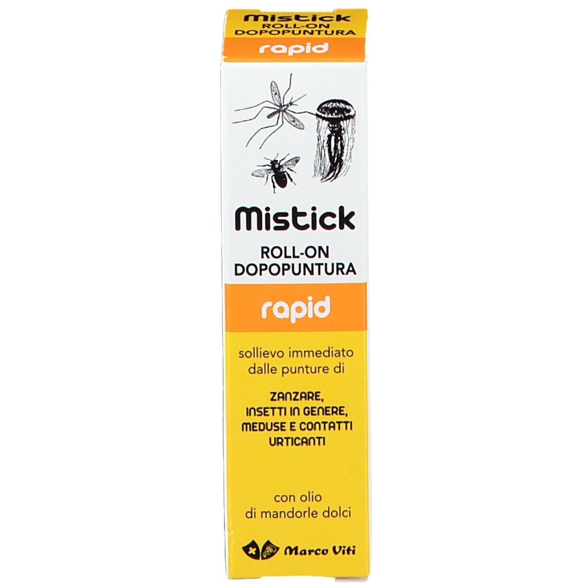 Confezione con testo: Mistick, Roll-on Dopopuntura, rapid. Illustrazioni di insetti.