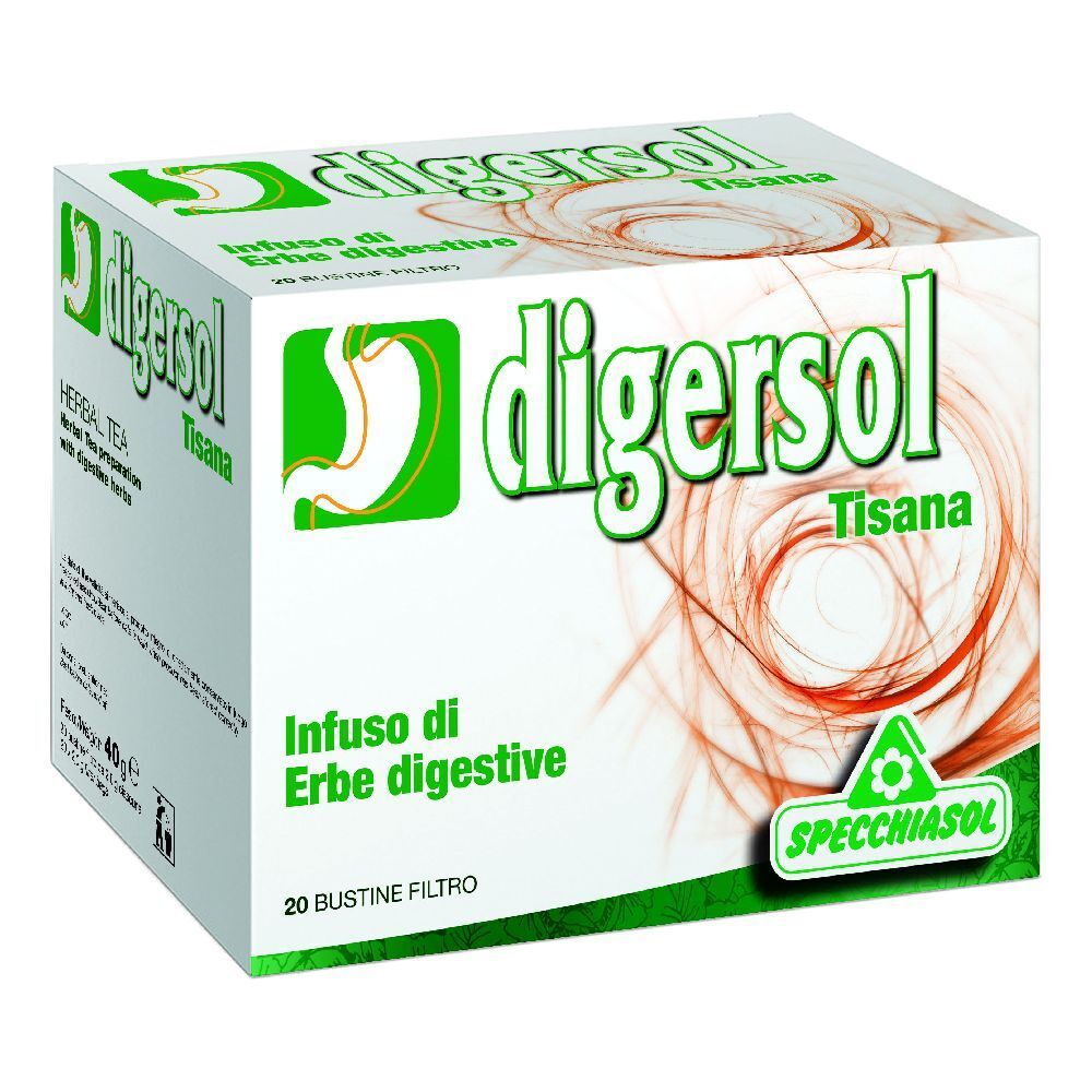Scatola di Digersol Tisana. Confezione verde e bianca con logo e testo. 20 filtri.