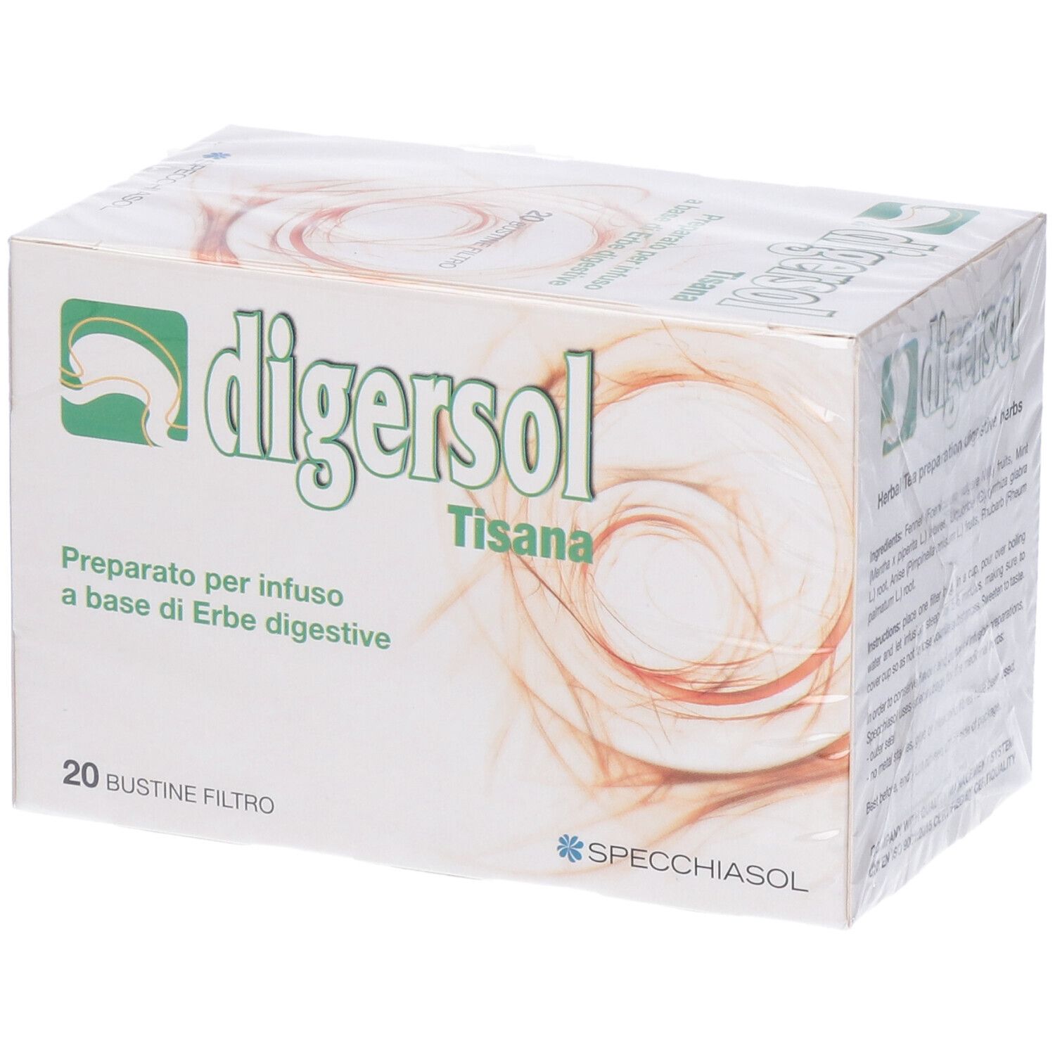 Confezione Digersol Tisana, sigillata. Scatola bianca e verde con logo e testo.